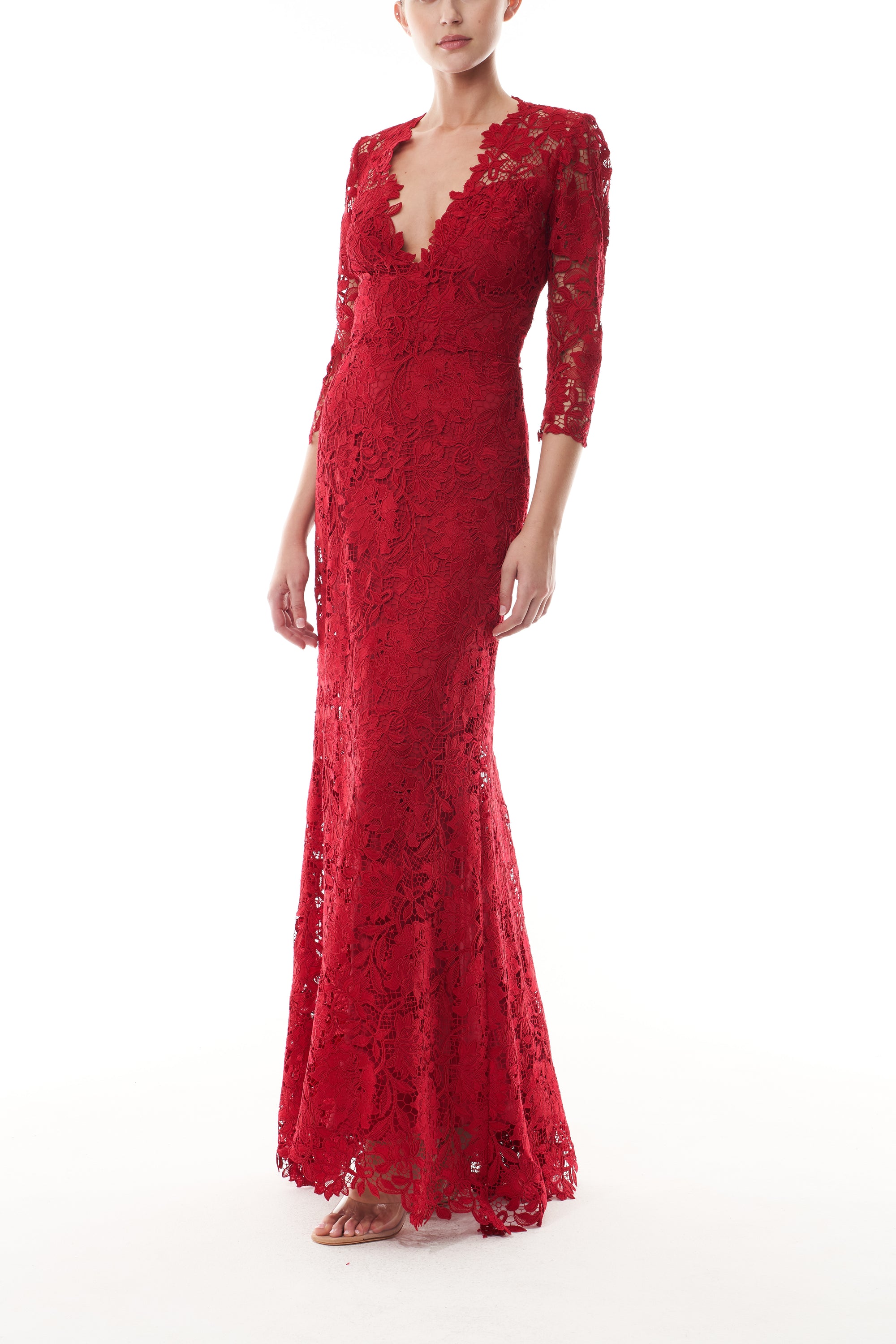 Monique Lhuillier Fall 2025 Siren floral toile lace Deep V neck gown with
¾ sleeve - front.