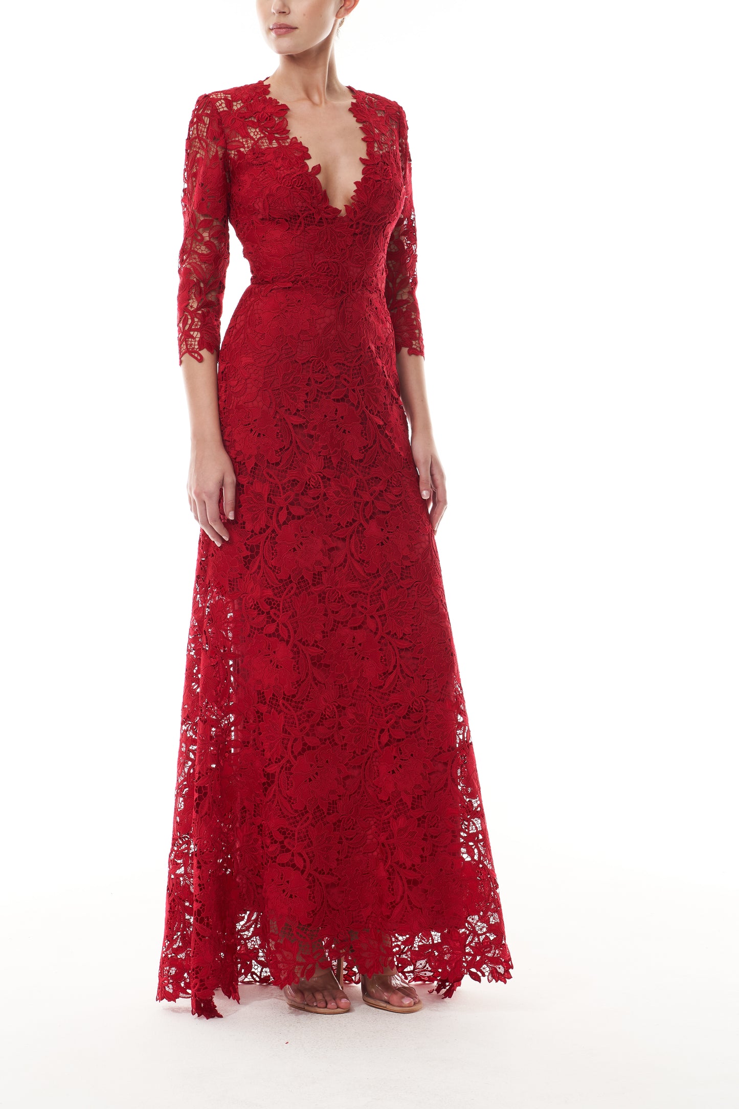 Monique Lhuillier Fall 2025 Siren floral toile lace Deep V neck gown with
¾ sleeve - front.