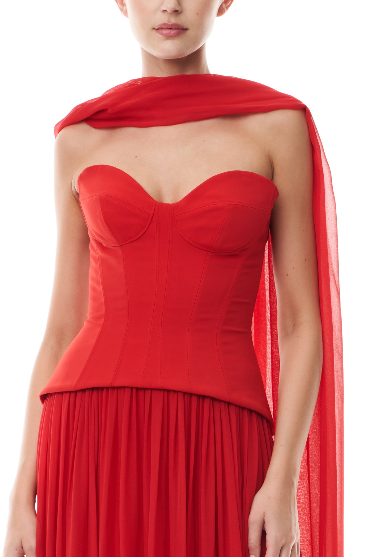 Monique Lhuiller Fall 2025 Vermilion crepe and chiffon Dropped waist corset
gown - fabric.
