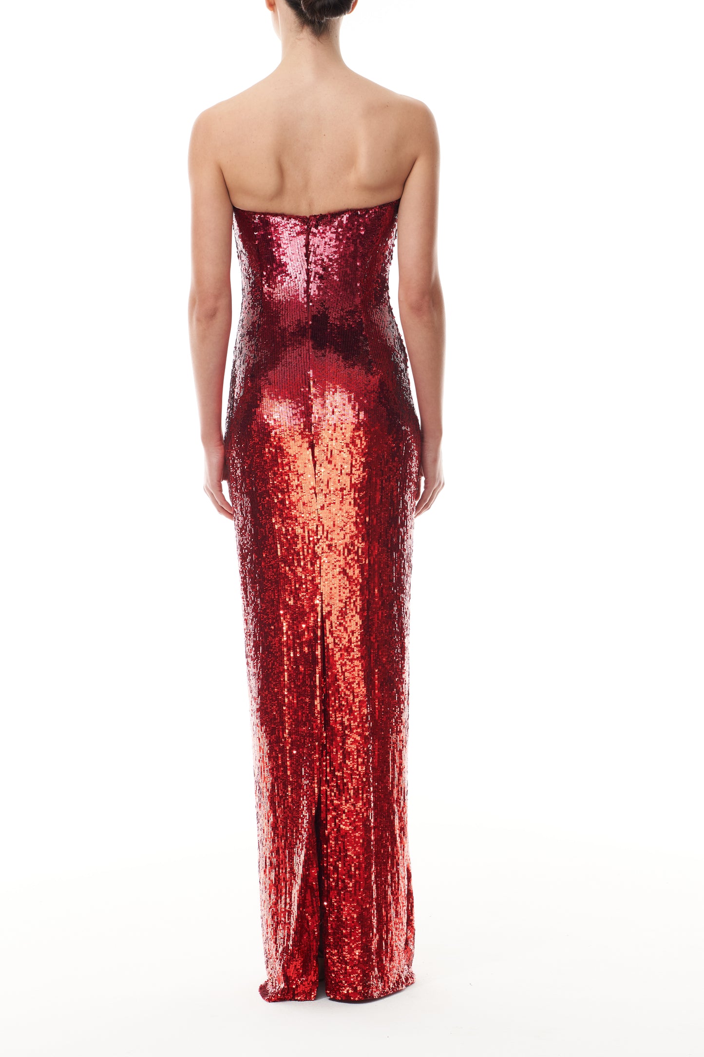 Monique Lhuilier Fall 2025 Embroidered Ombre Sequin in Siren/Multi Strapless Column Gown - back.