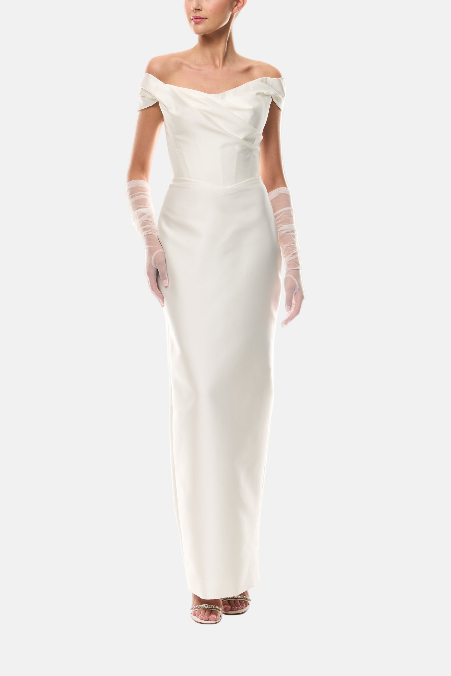 Monique Lhuillier Silk White Mikado Off-the-shoulder draped bodice column gown from The Bridal Edit- front with Silk White Charming Tulle Gloves.