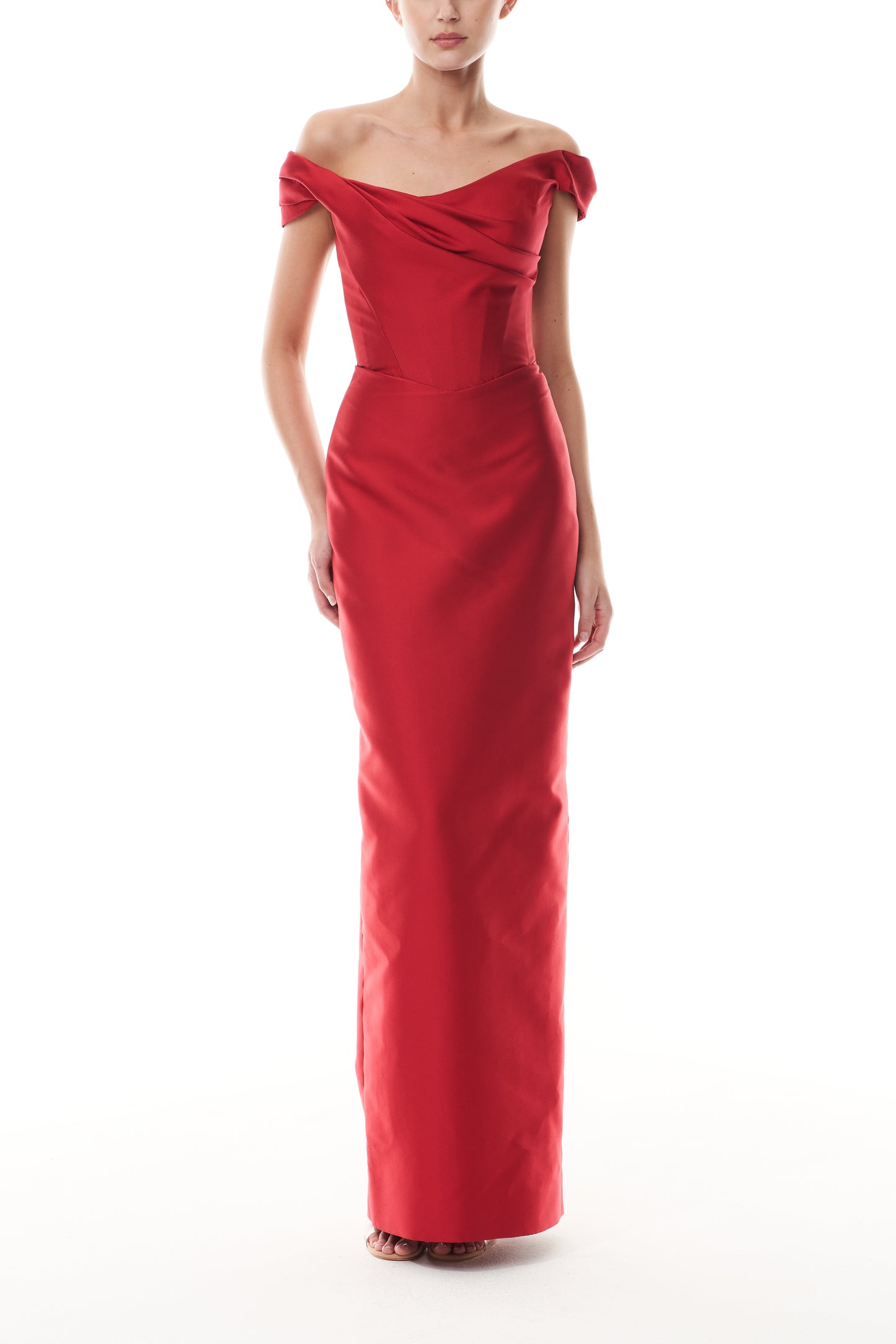 Monique Lhuillier Fall 2025 Siren Mikado off-the-shoulder draped bodice column gown - front.