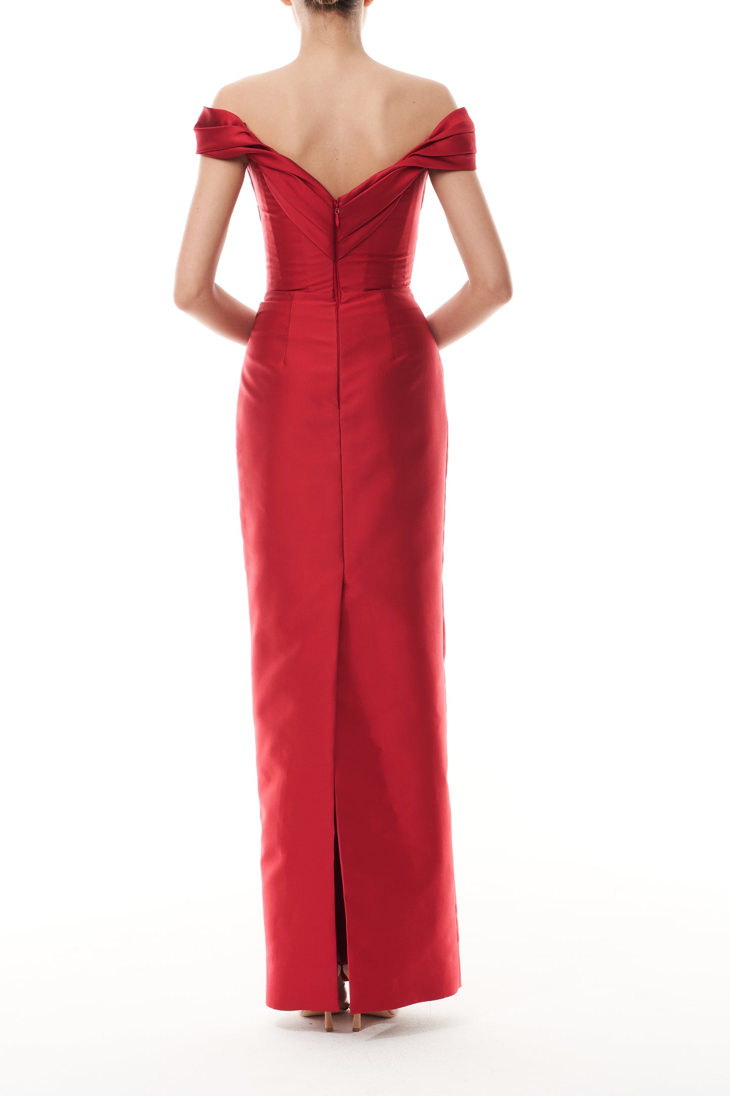 Monique Lhuillier Fall 2025 Siren Mikado off-the-shoulder draped bodice column gown - back.