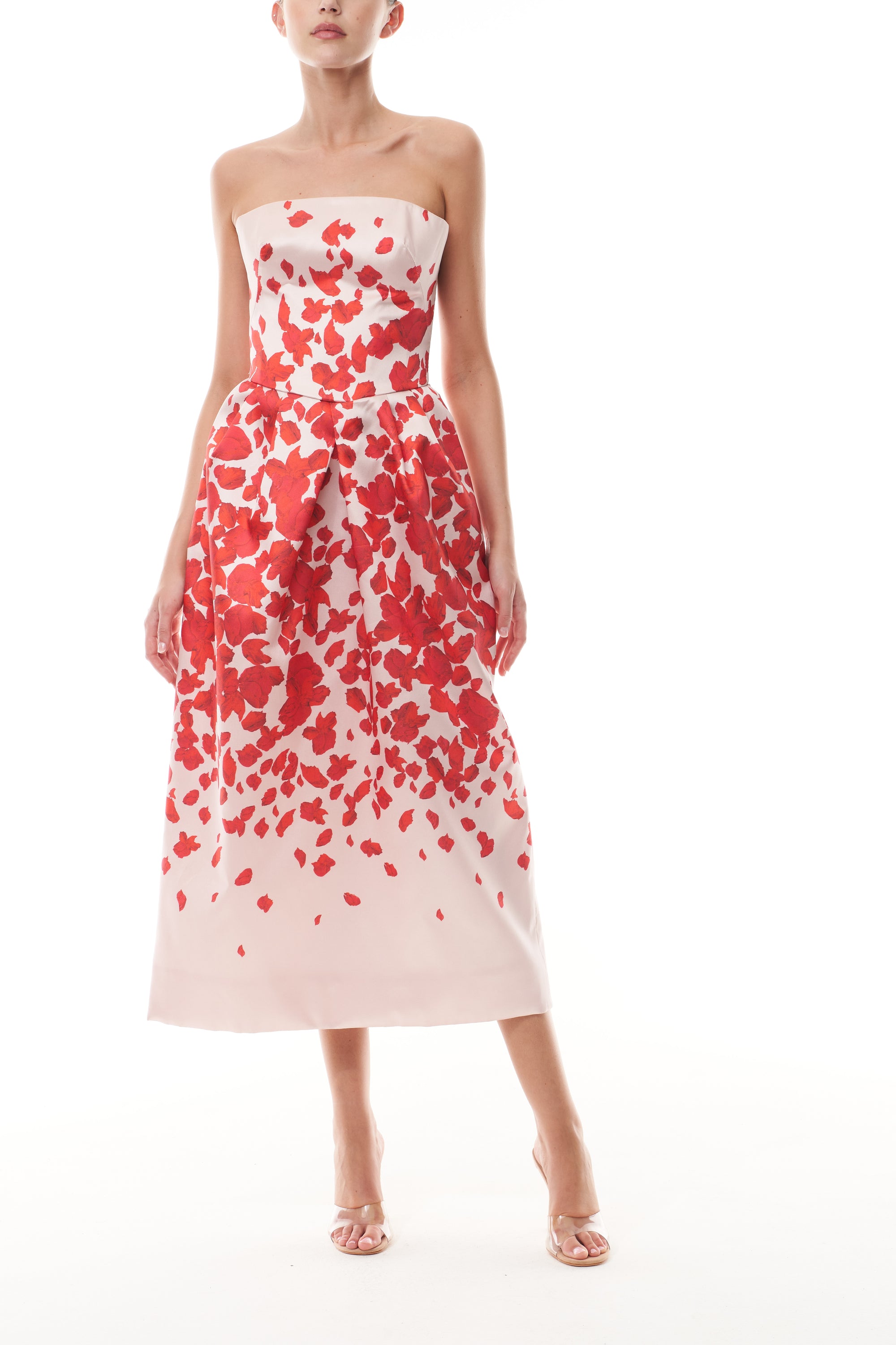 Monique Lhuillier Fall 2025 strapless, midi-length dress in Candy/Multi colored rose-printed mikado fabric - front.