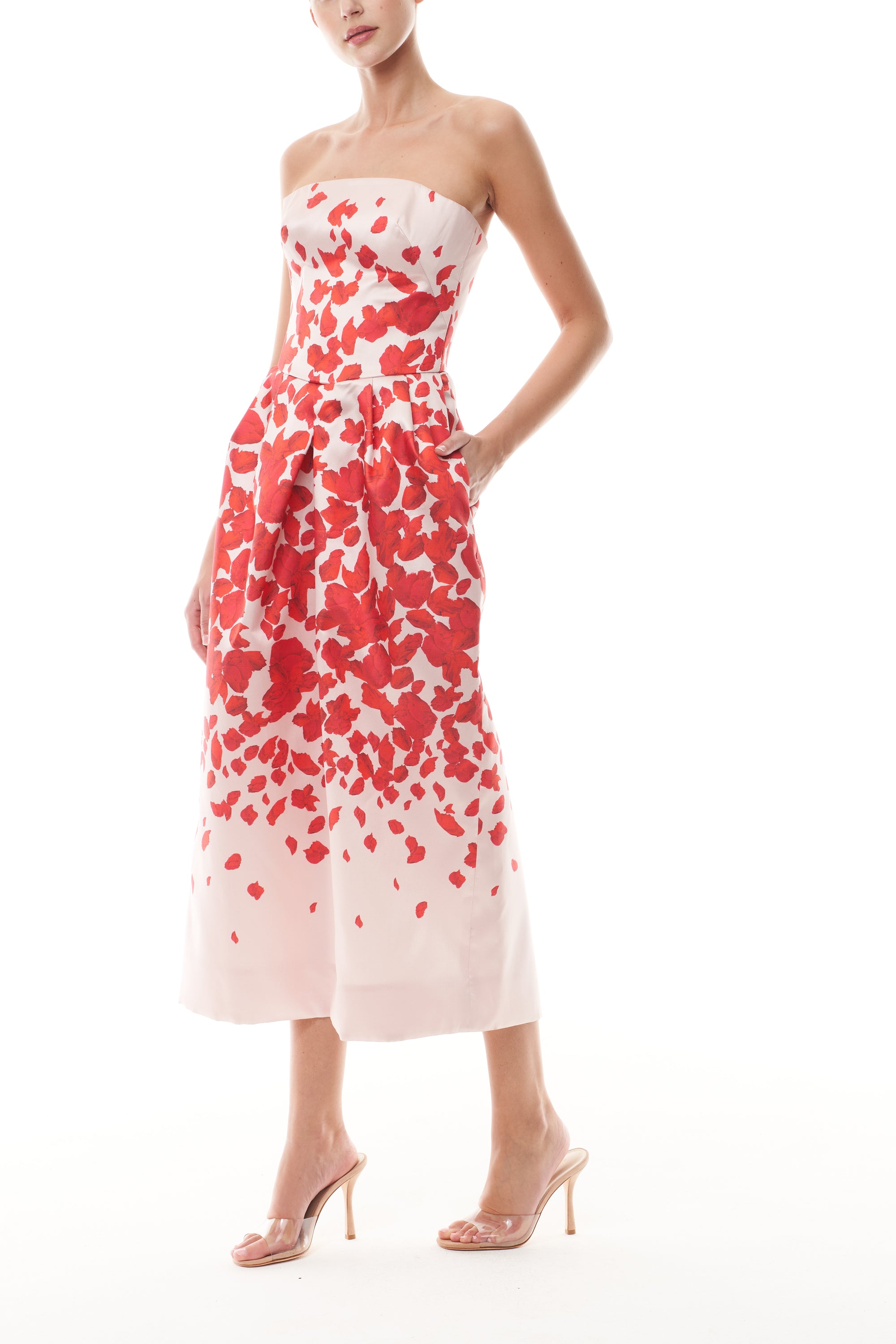 Monique Lhuillier Fall 2025 strapless, midi-length dress in Candy/Multi colored rose-printed mikado fabric - side.