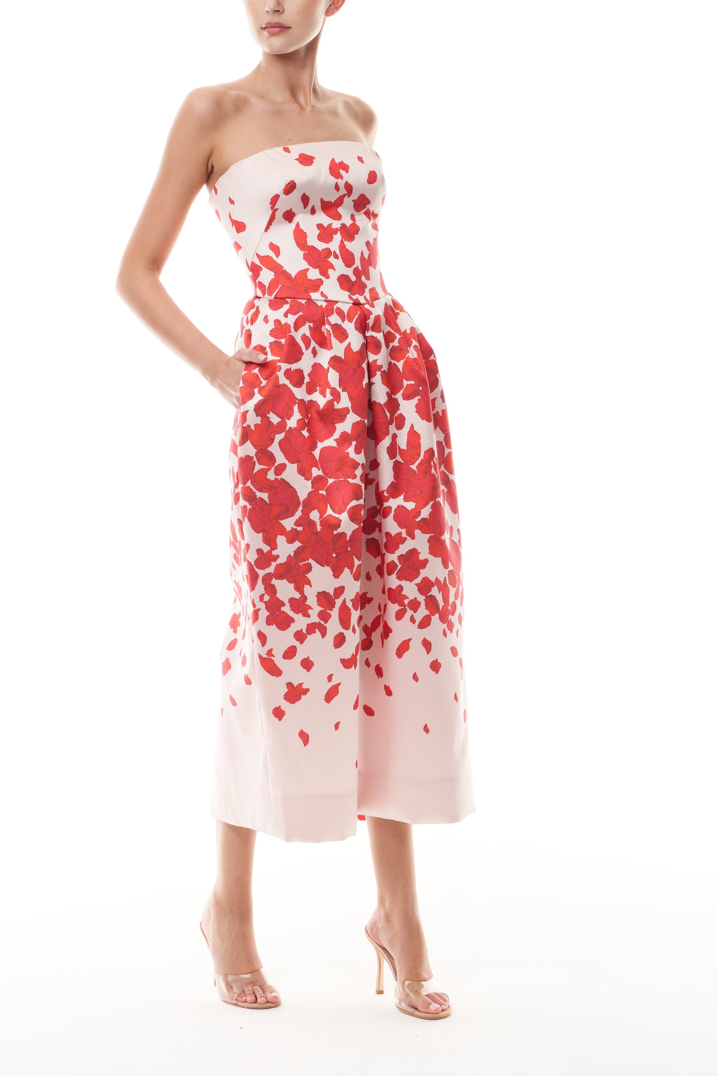 Monique Lhuillier Fall 2025 strapless, midi-length dress in Candy/Multi colored rose-printed mikado fabric - side.