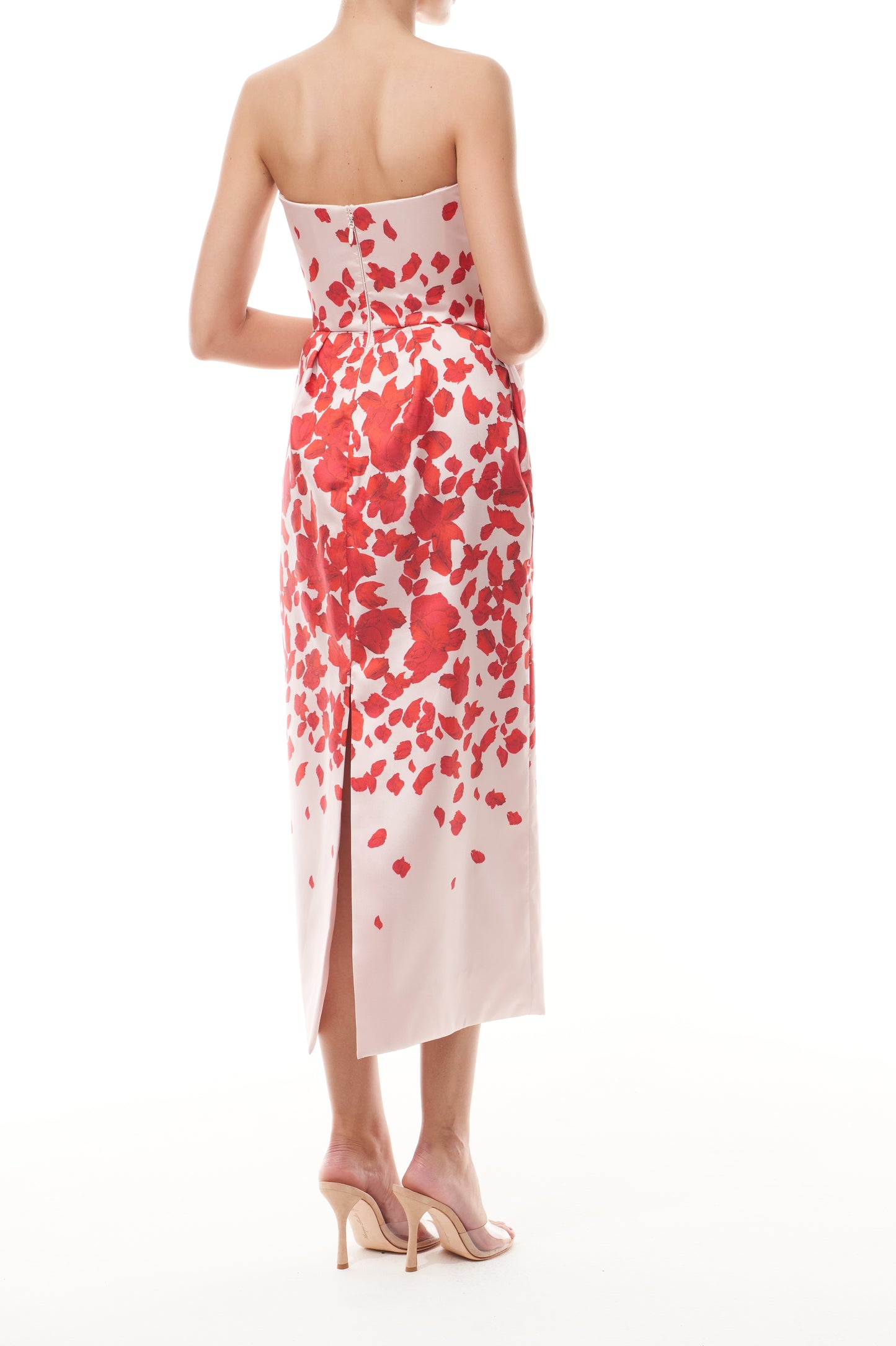 Monique Lhuillier Fall 2025 strapless, midi-length dress in Candy/Multi colored rose-printed mikado fabric - back.