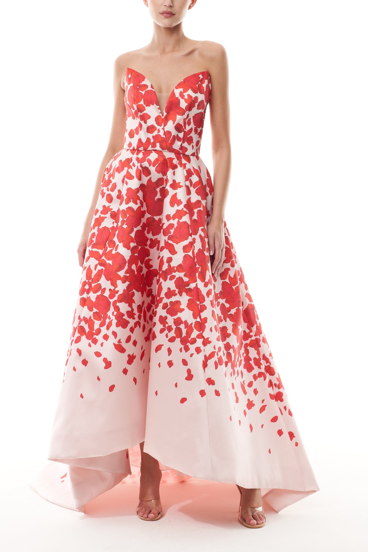 Monique Lhuillier Fall 2025 Strapless gown with deep V neckline and high-low hem in candy multi colored rose petal mikado fabric - front.