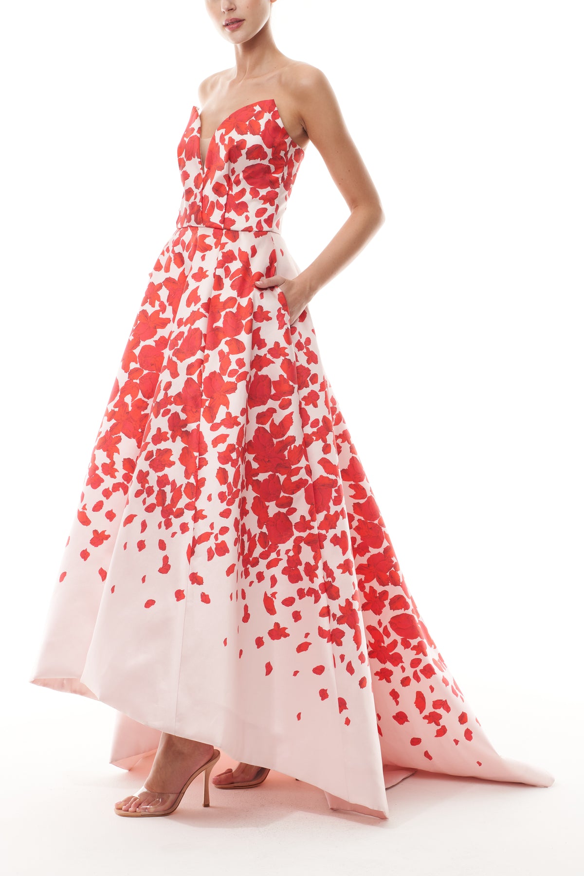 Monique Lhuillier Fall 2025 Strapless gown with deep V neckline and high-low hem in candy multi colored rose petal mikado fabric - side.