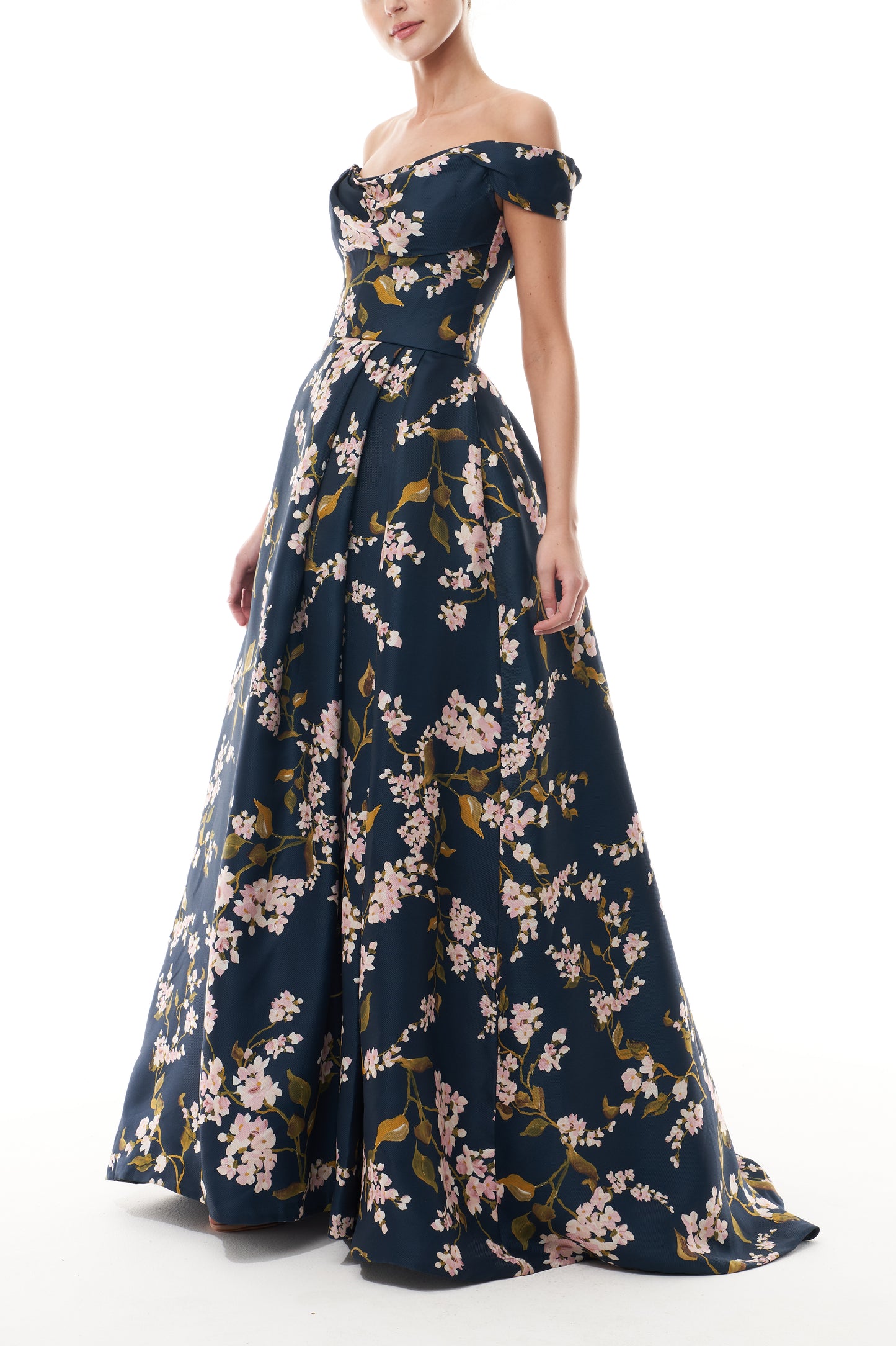 Monique Lhuillier Fall 2025 Ocean/Multi Wisteria Printed Gazar draped off-the-shoulder ballgown - side.