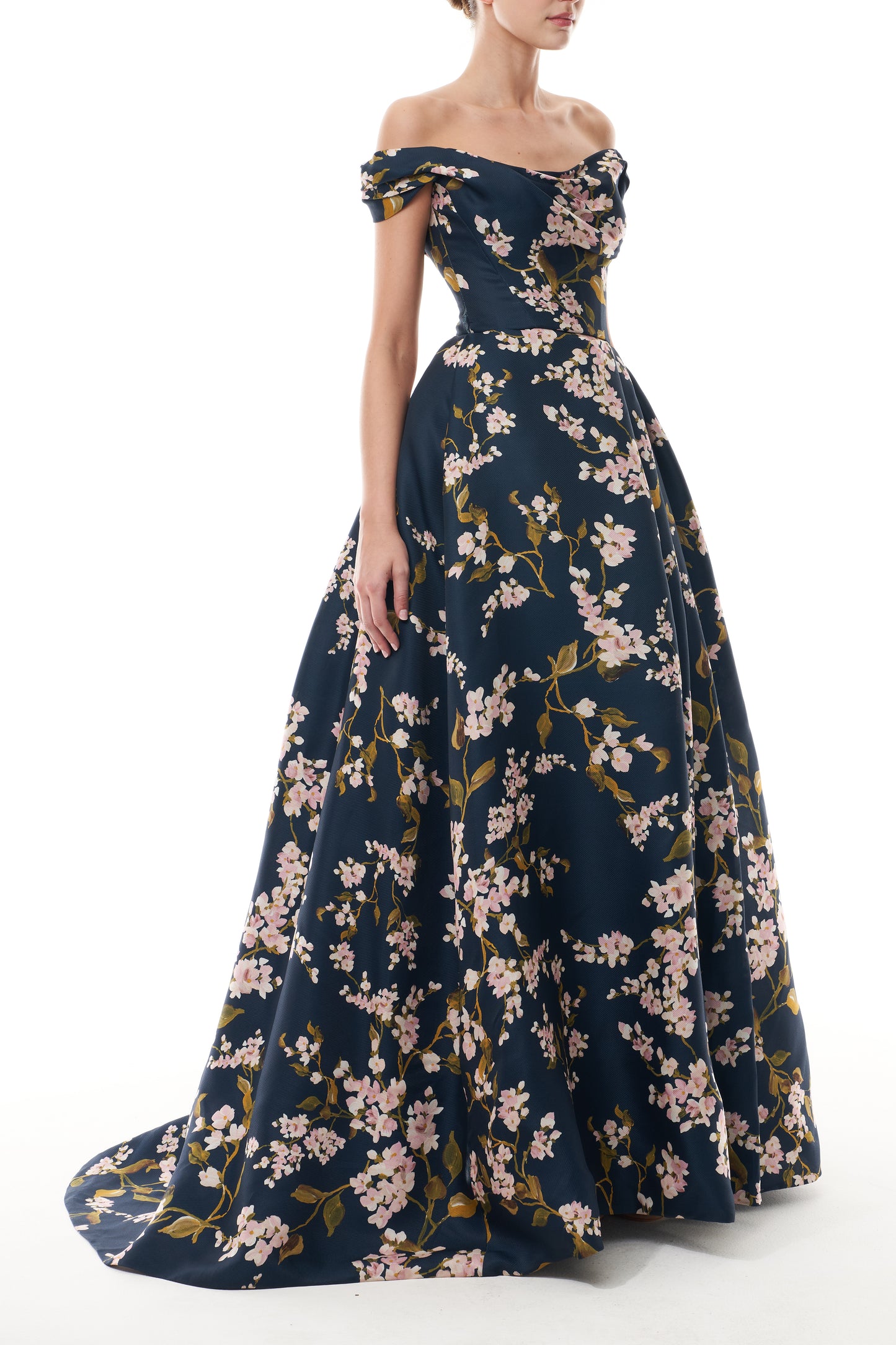 Monique Lhuillier Fall 2025 Ocean/Multi Wisteria Printed Gazar draped off-the-shoulder ballgown - side.