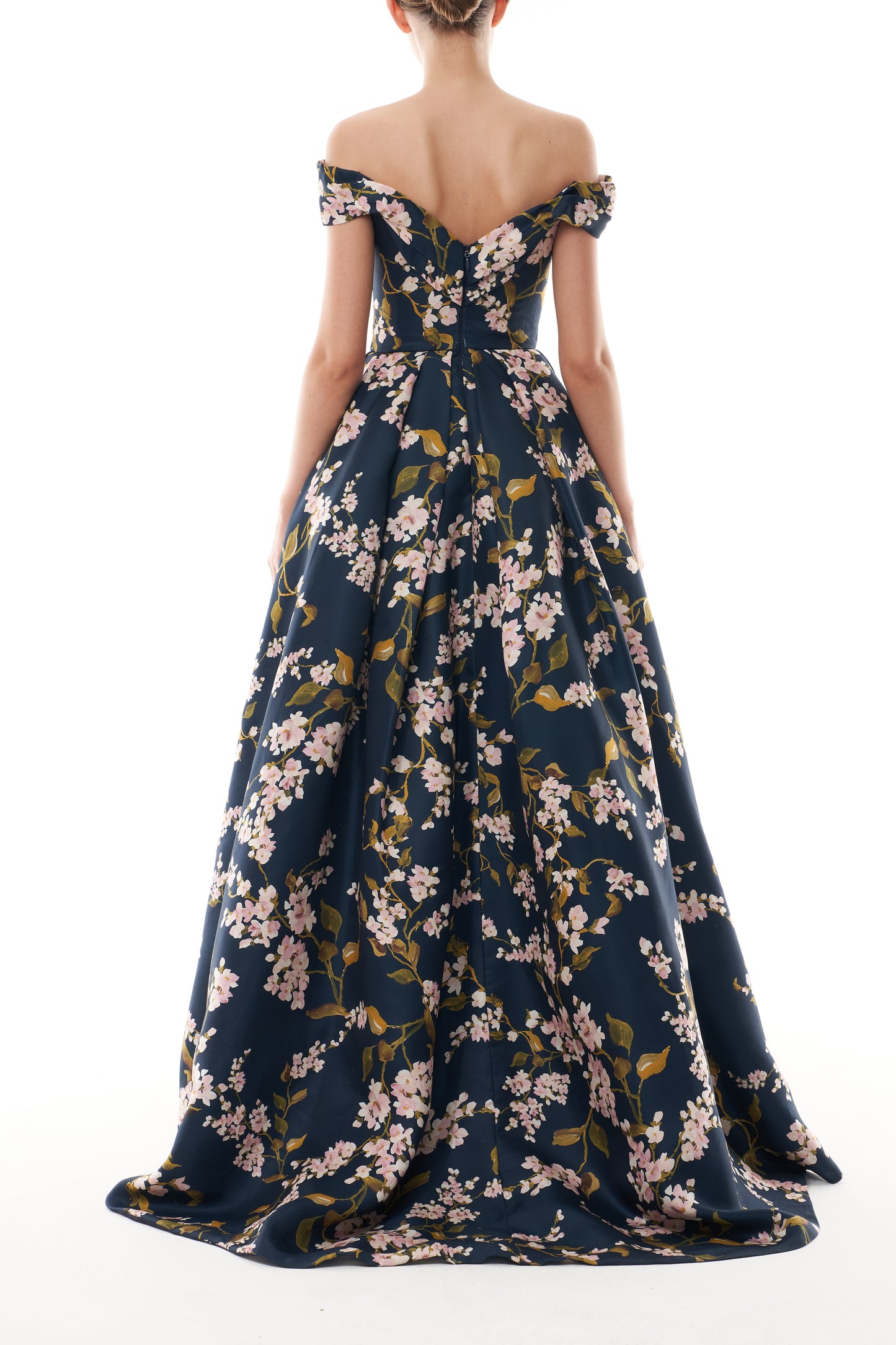 Monique Lhuillier Fall 2025 Ocean/Multi Wisteria Printed Gazar draped off-the-shoulder ballgown - back.
