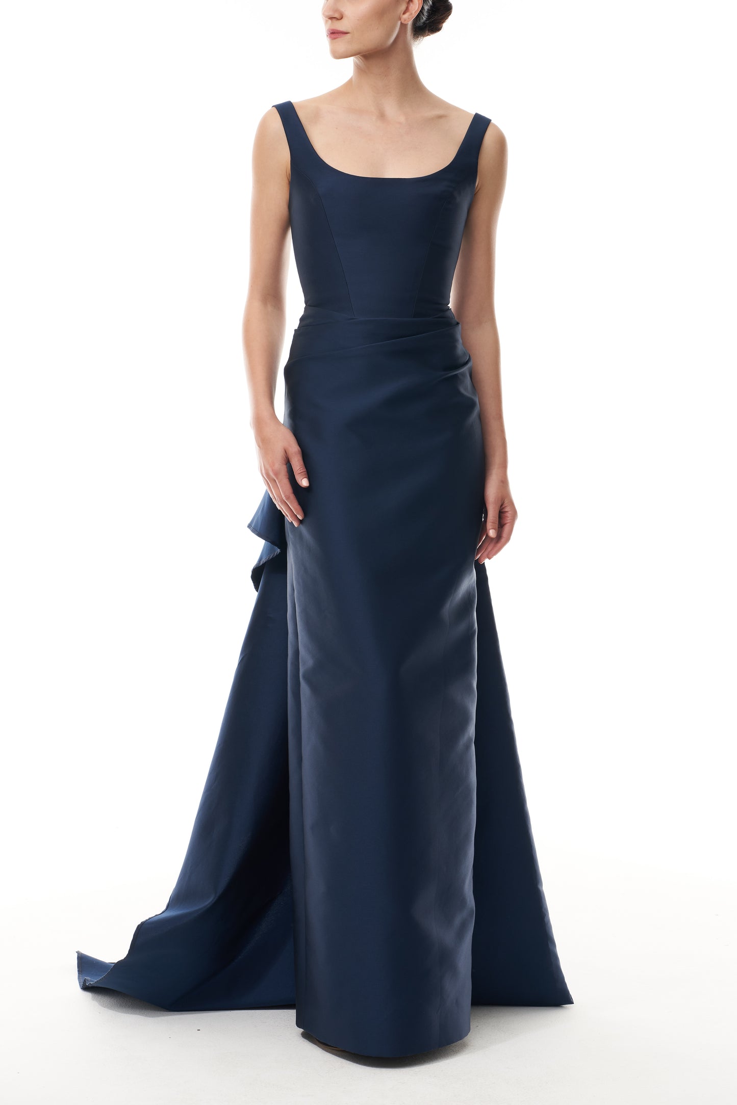Monique Lhuillier Fall 2025 Ocean Mikado Draped column gown with integral train - front.