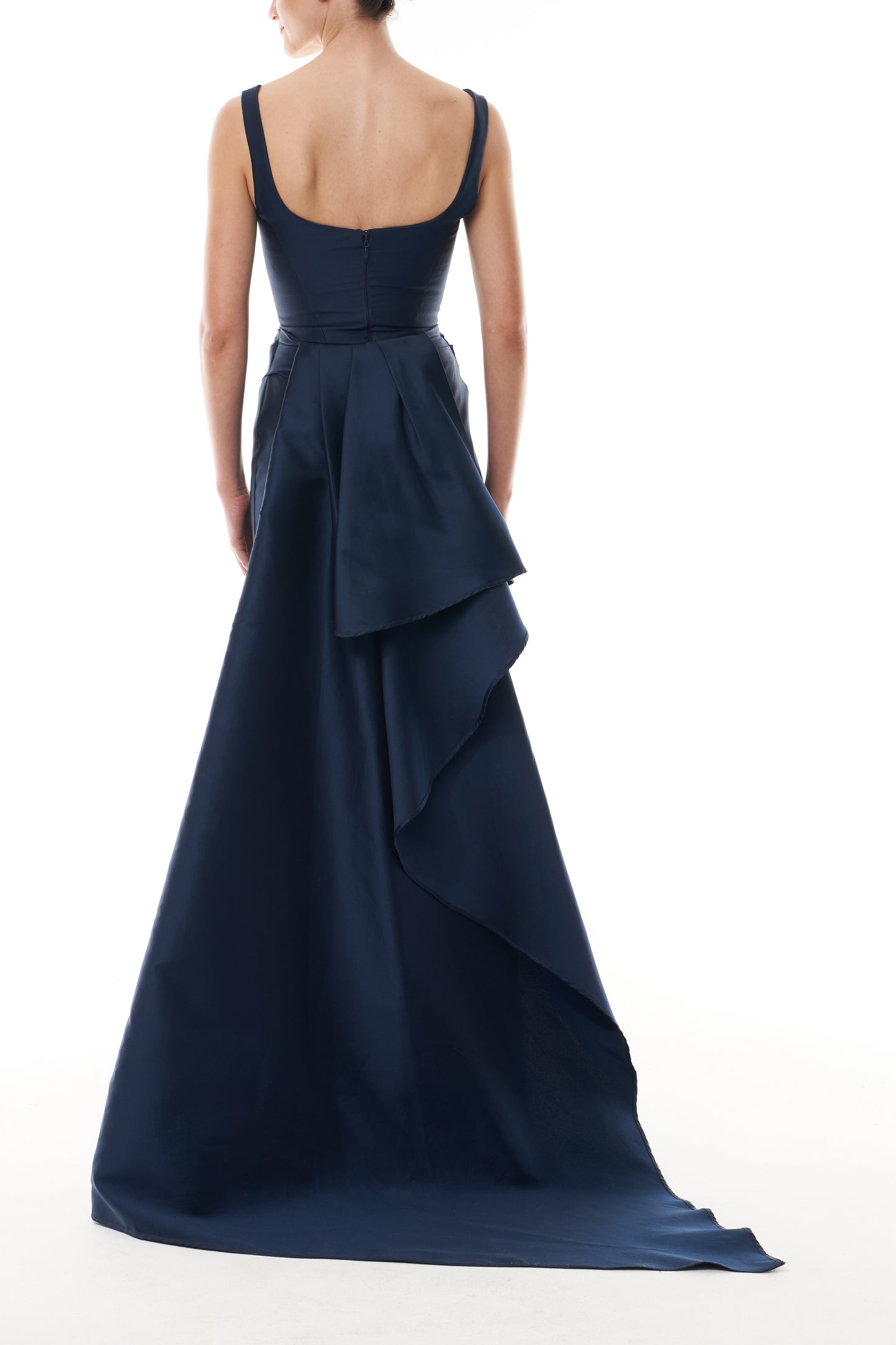 Monique Lhuillier Fall 2025 Ocean Mikado Draped column gown with integral train - back.