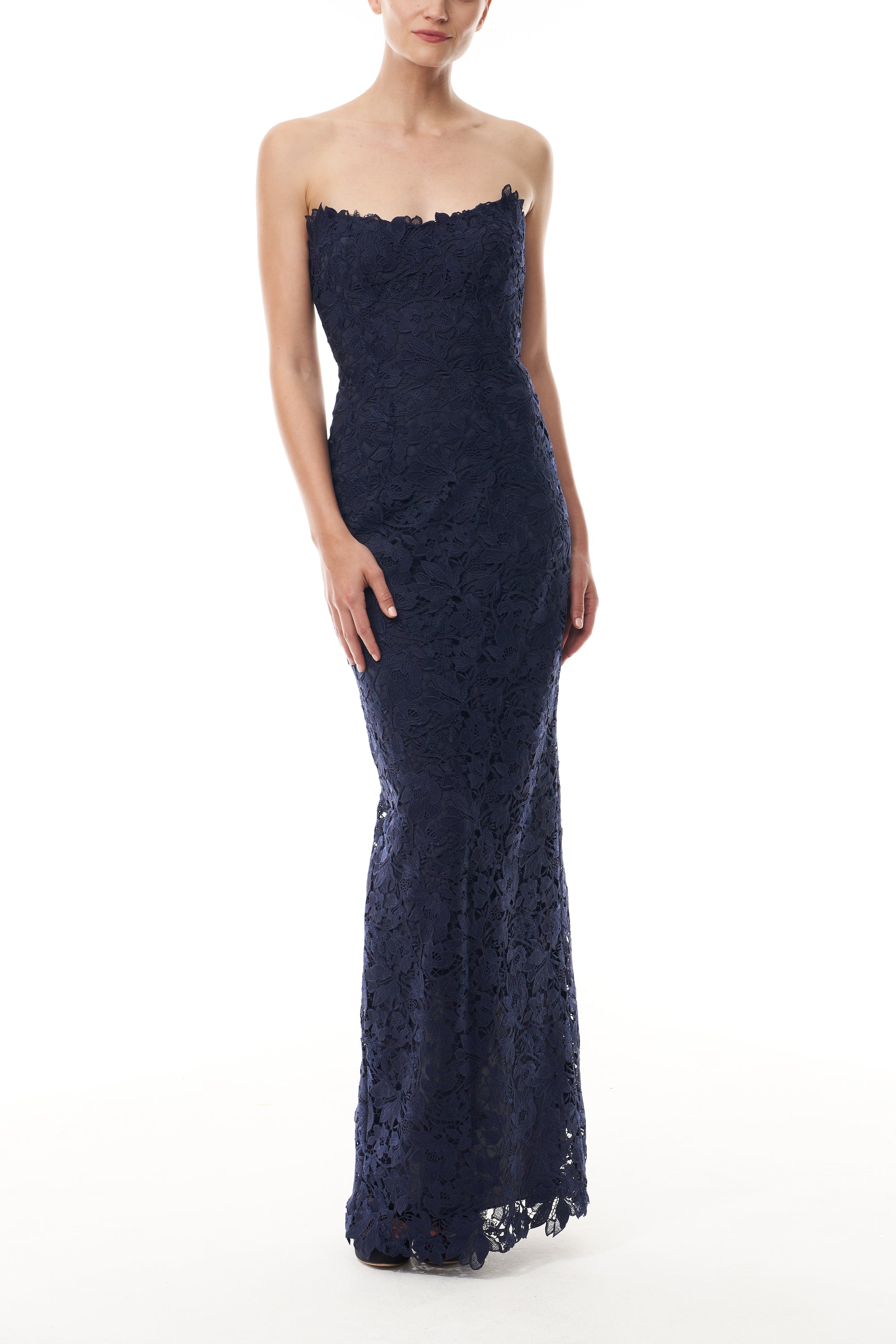 Monique Lhuillier Fall 2025 Ocean Orchid Lace strapless column gown - front.