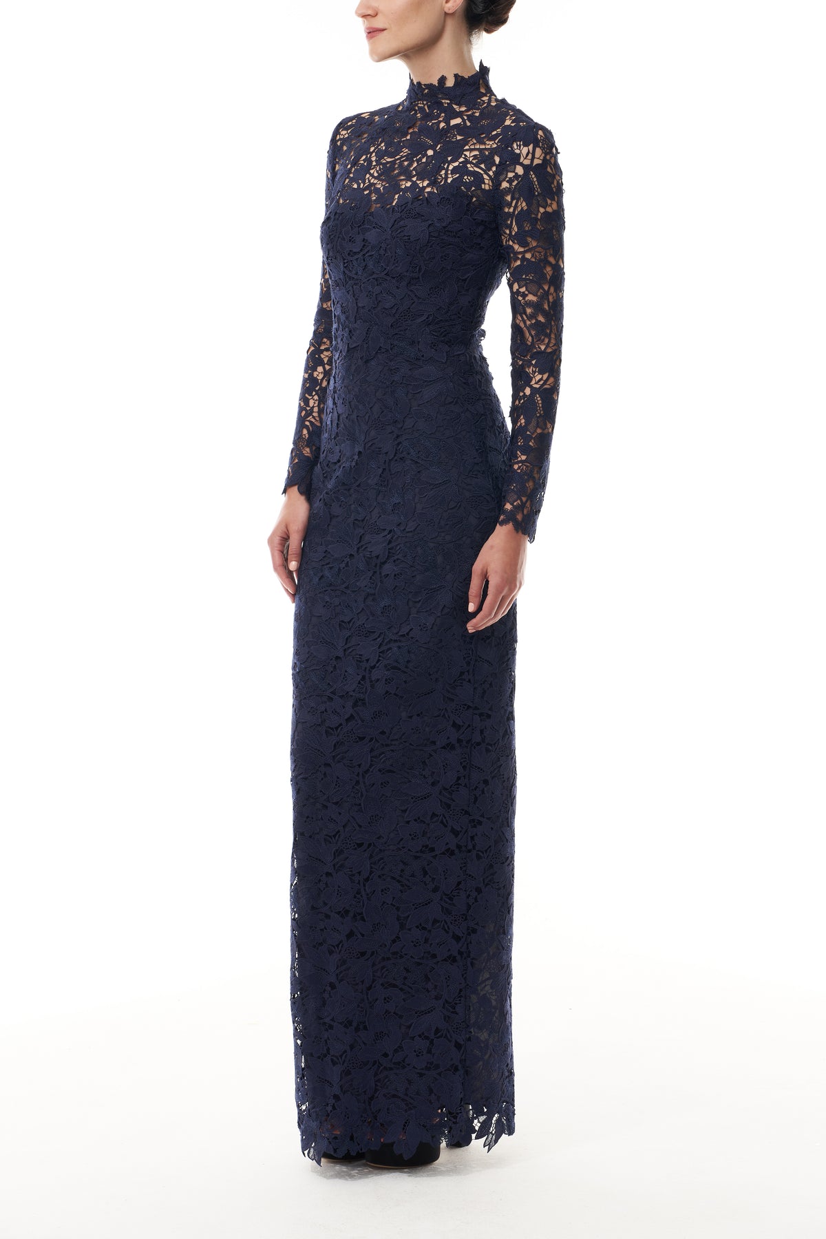 Monique Lhuillier Fall 2025 Ocean Orchid Lace long sleeved jacket - side.