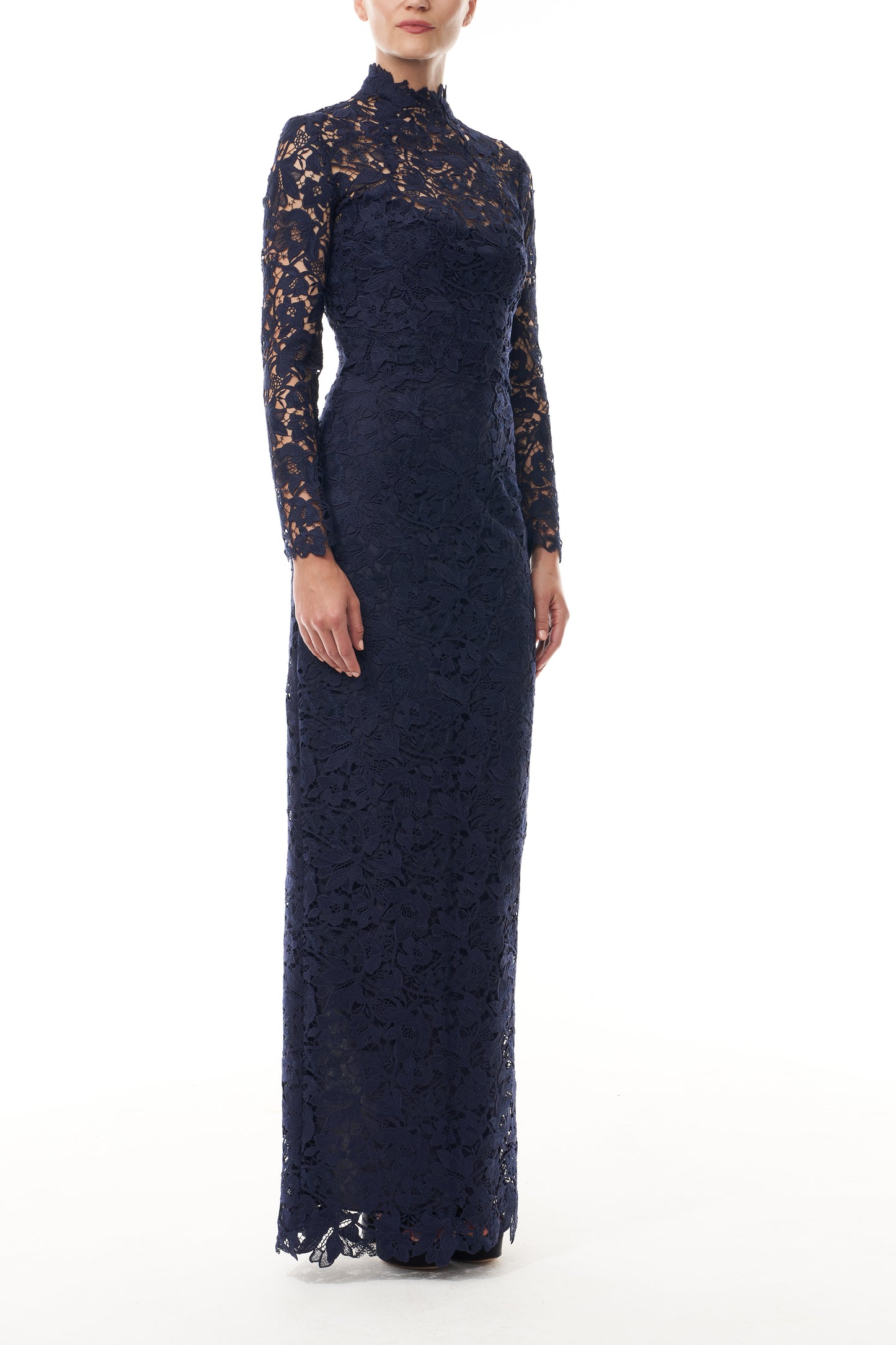 Monique Lhuillier Fall 2025 Ocean Orchid Lace long sleeved jacket - side.