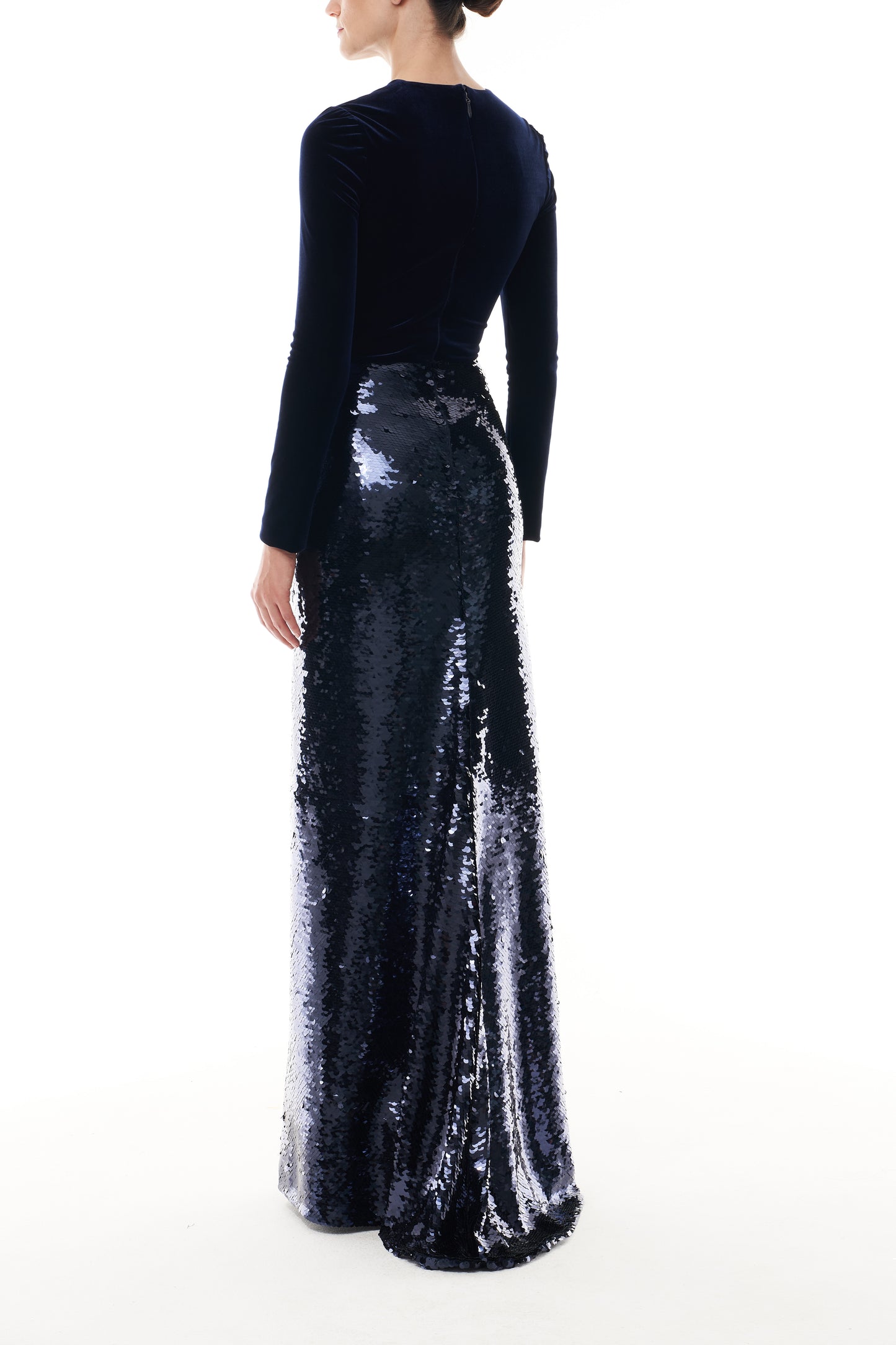 Monique Lhuillier Fall 2025 Ocean velvet and sequin long sleeve sheath - back.