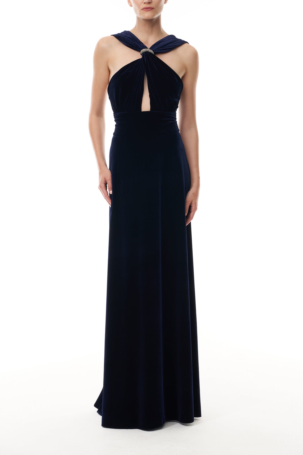 Monique Lhuillier Fall 2025 Ocean stretch velvet Twisted front halter gown with crystal ring - front.