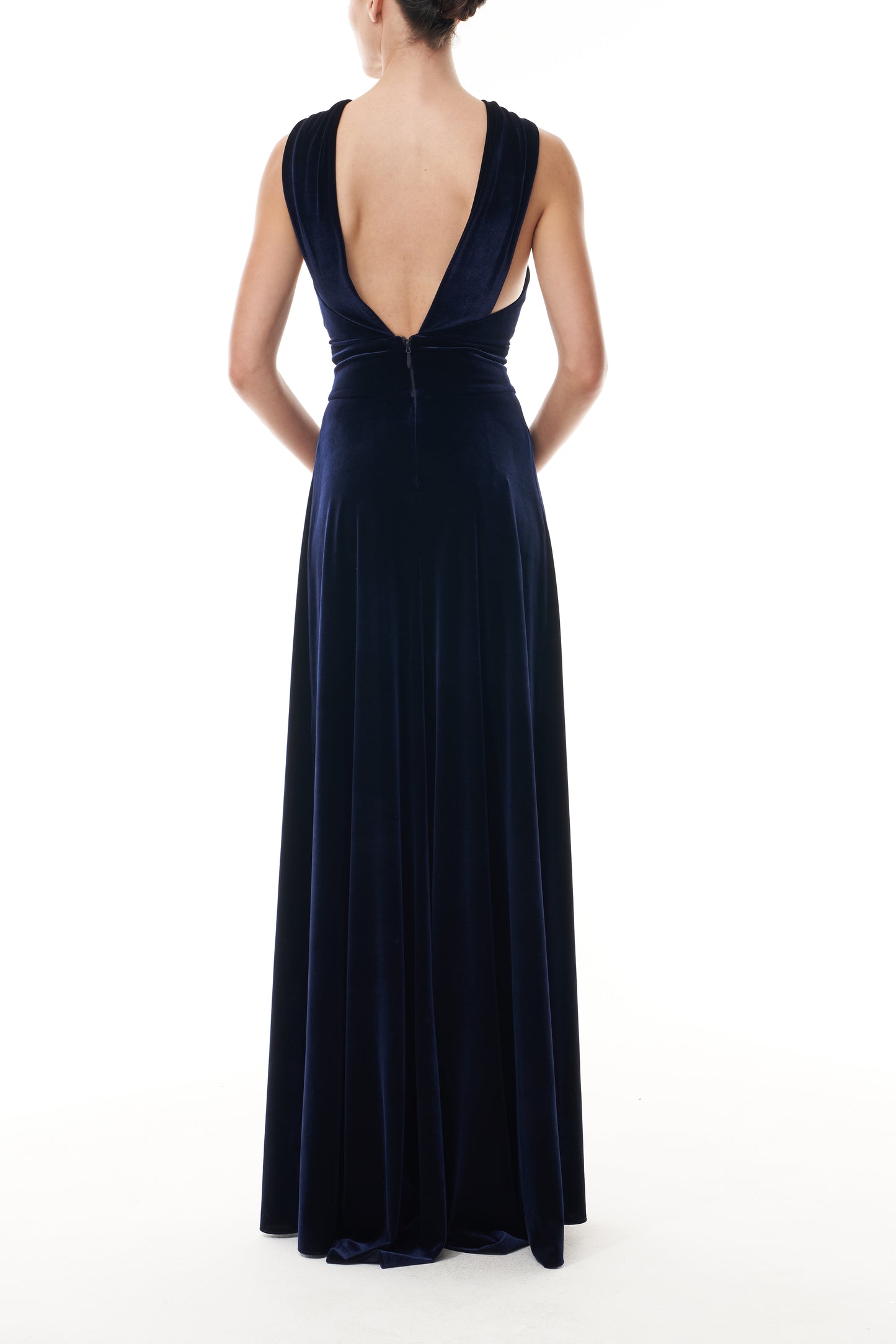 Monique Lhuillier Fall 2025 Ocean stretch velvet Twisted front halter gown with crystal ring - back.