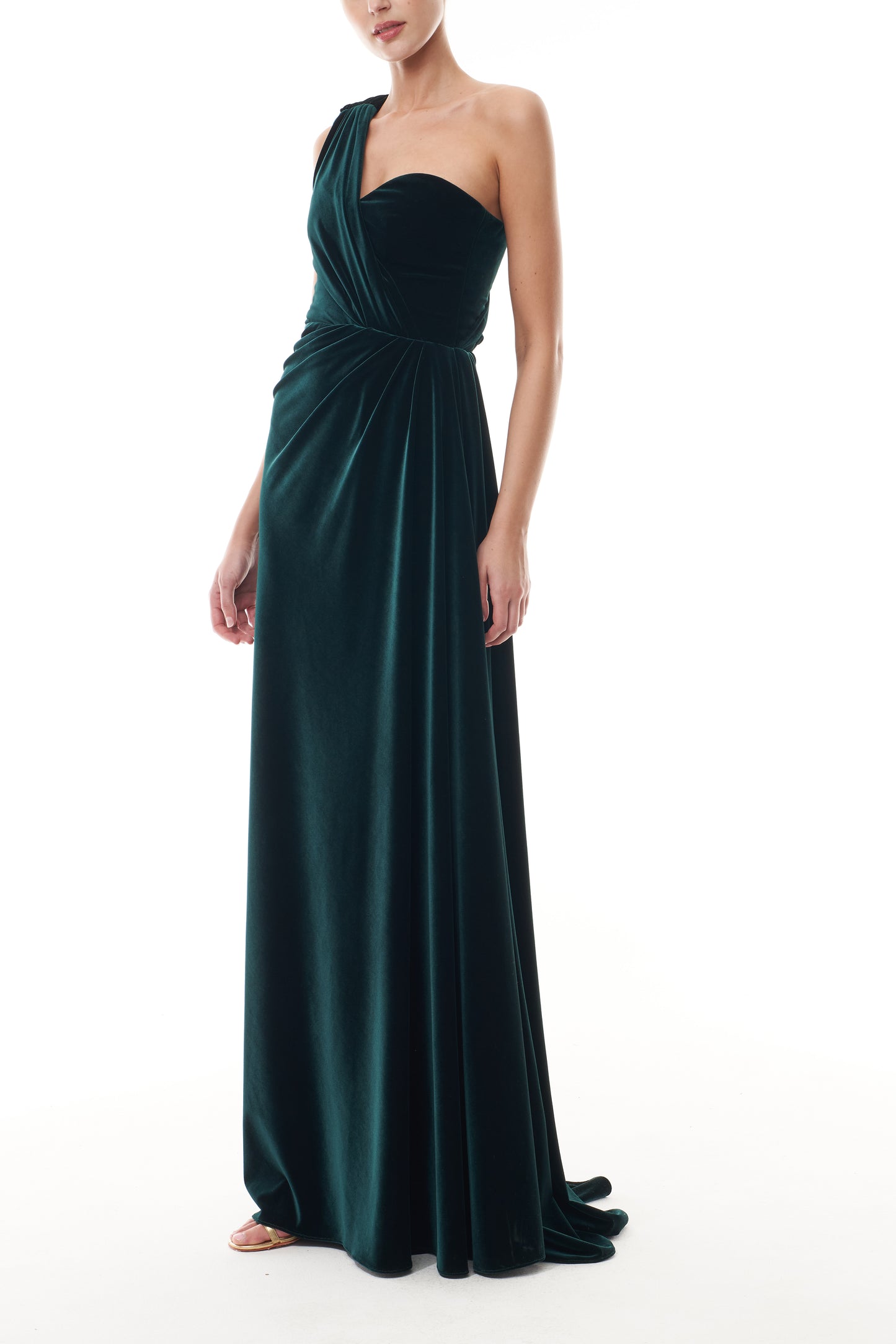 Monique Lhuillier Fall 2025 Ocean Stretch Velvet Asymmetric one shoulder column gown - side.
