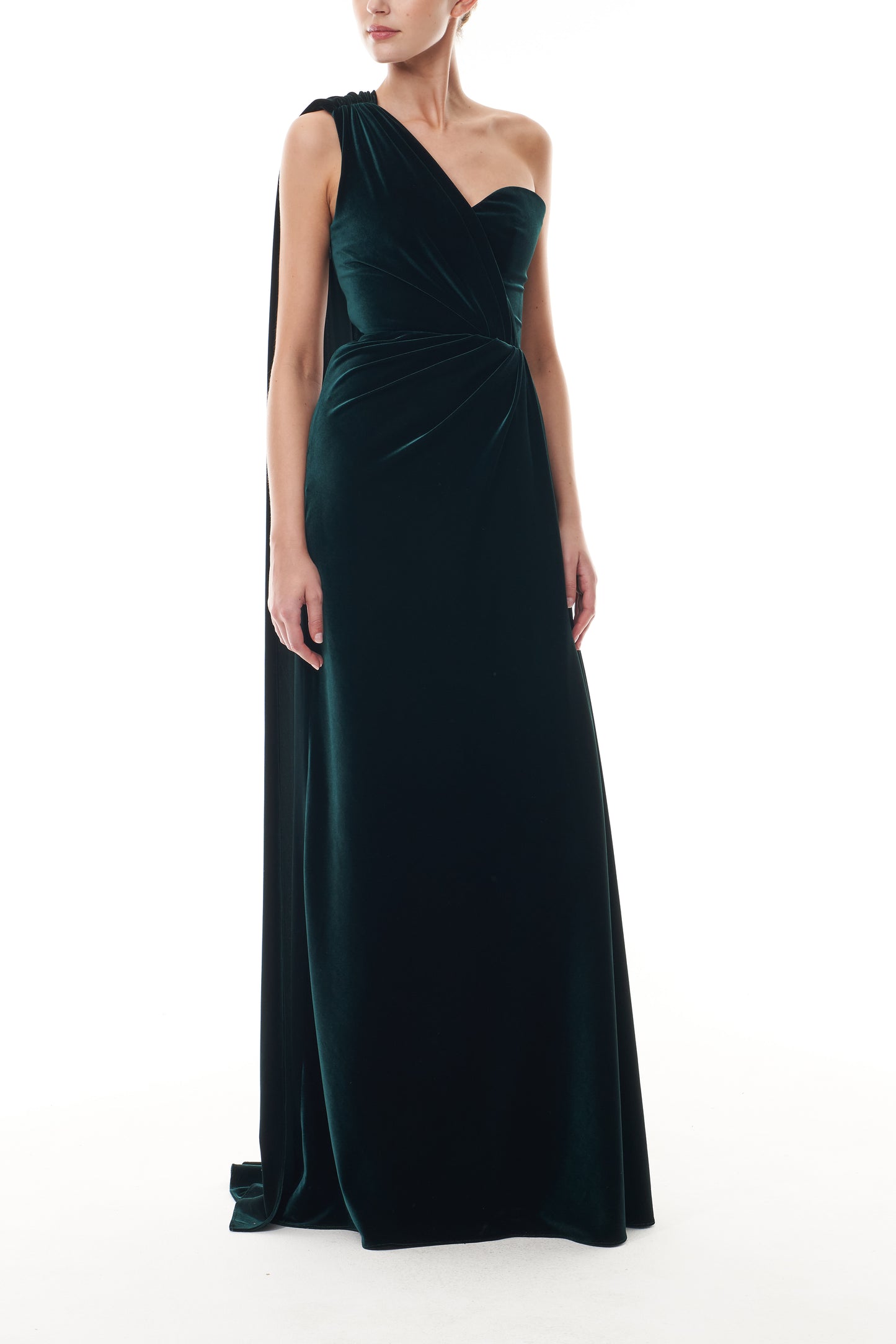 Monique Lhuillier Fall 2025 Ocean Stretch Velvet Asymmetric one shoulder column gown - front.