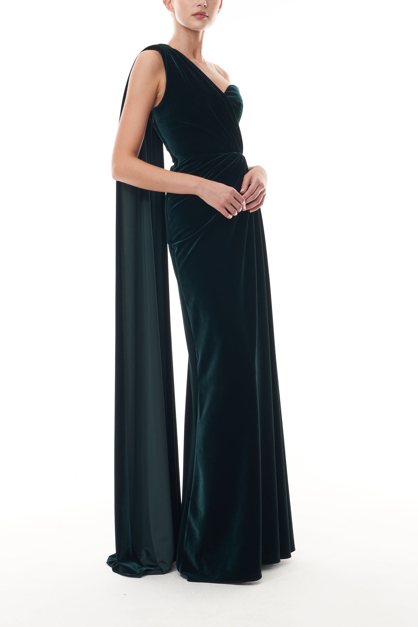 Monique Lhuillier Fall 2025 Ocean Stretch Velvet Asymmetric one shoulder column gown - side.