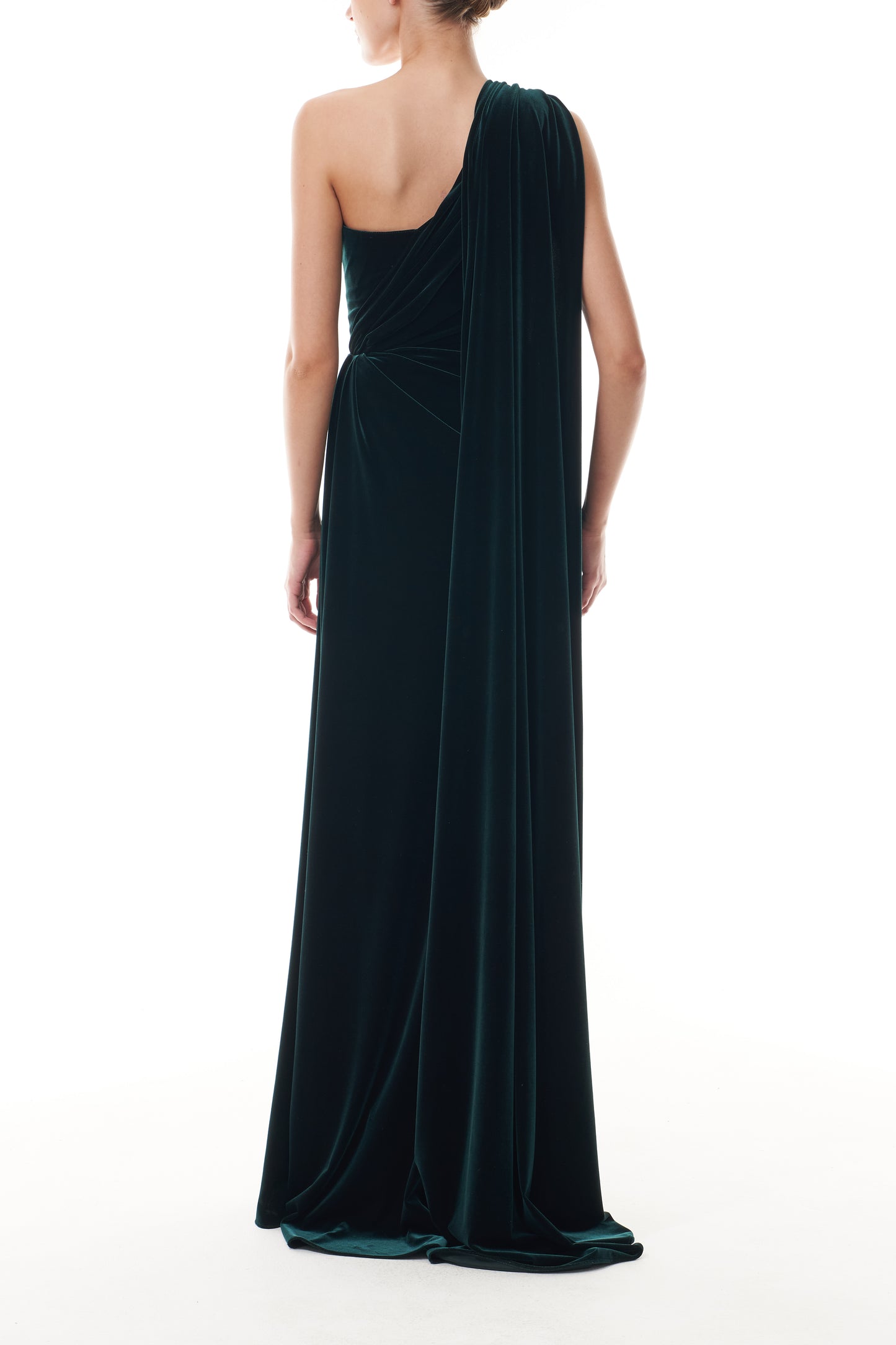 Monique Lhuillier Fall 2025 Ocean Stretch Velvet Asymmetric one shoulder column gown - back.