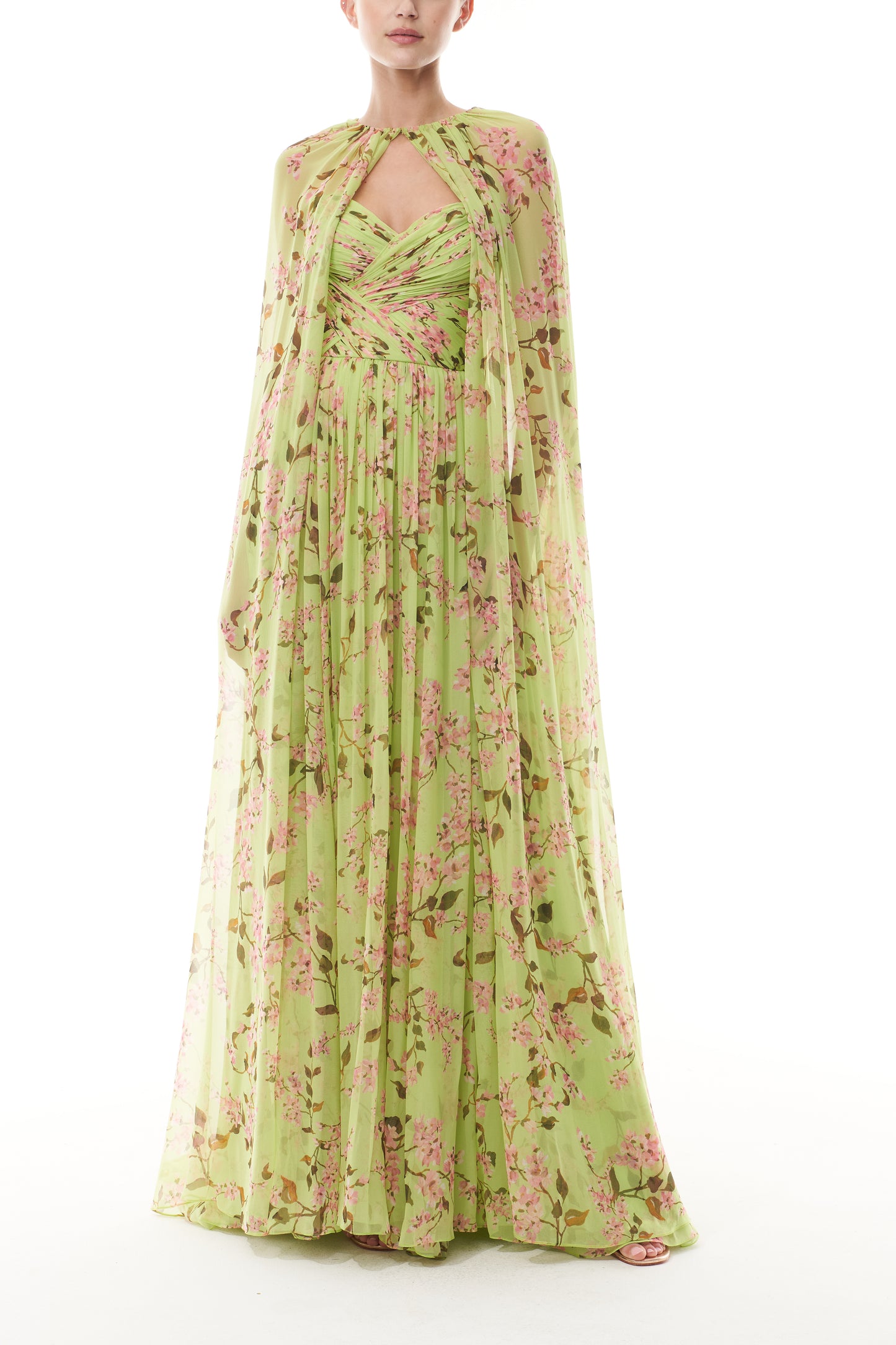 Monique Lhuillier Fall 2025 Celedon/Multi Wisteria Printed chiffon Floor Length Cape - front.