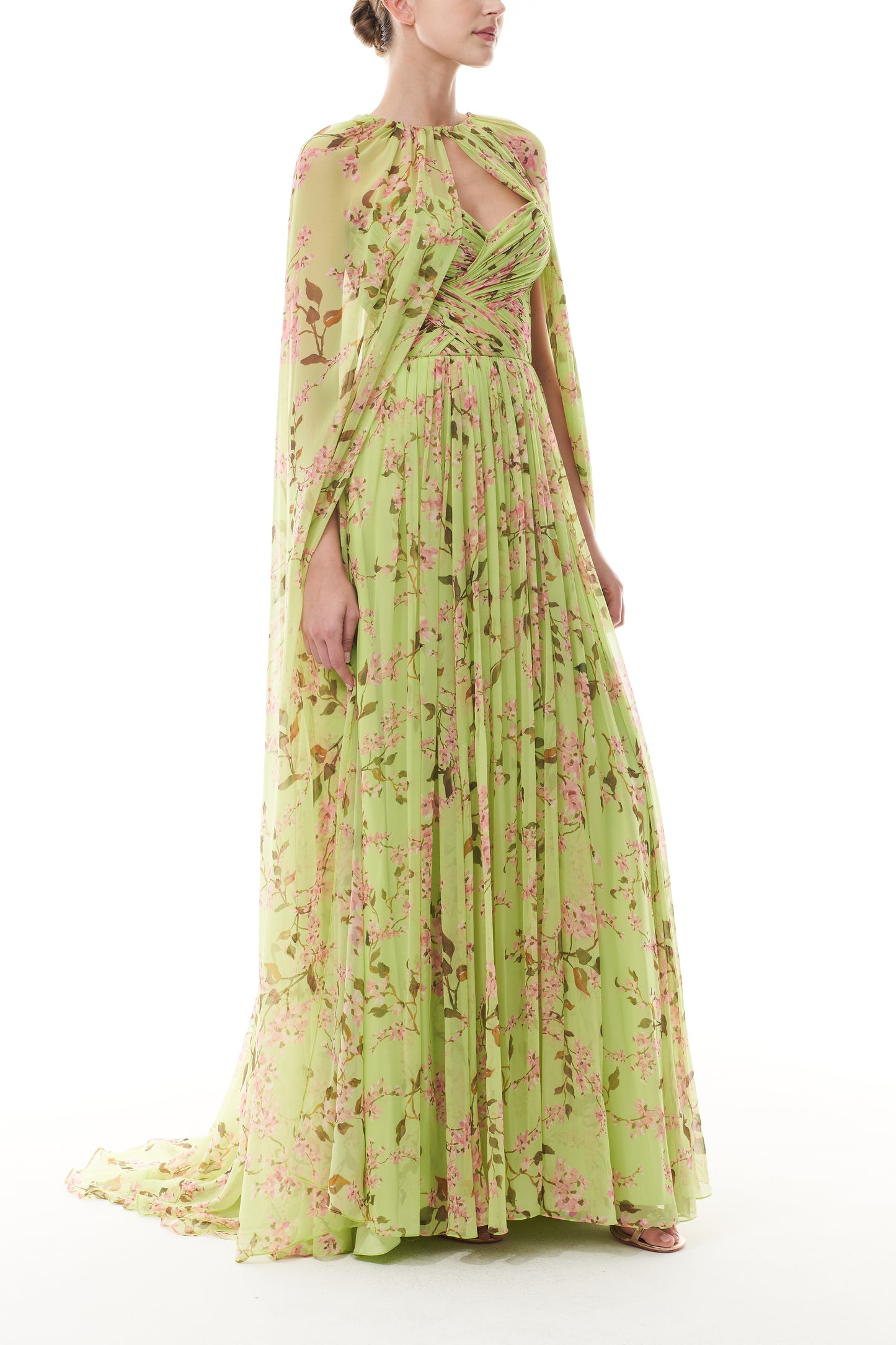 Monique Lhuillier Fall 2025 Celedon/Multi Wisteria Printed chiffon Floor Length Cape - side.