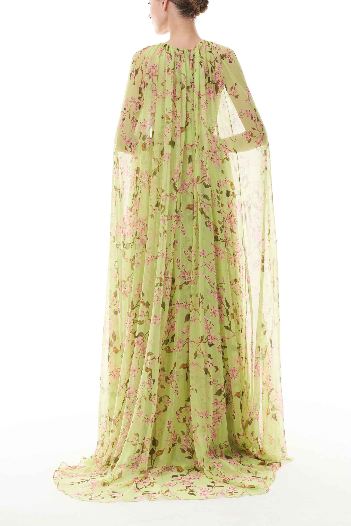 Monique Lhuillier Fall 2025 Celedon/Multi Wisteria Printed chiffon Floor Length Cape - back.