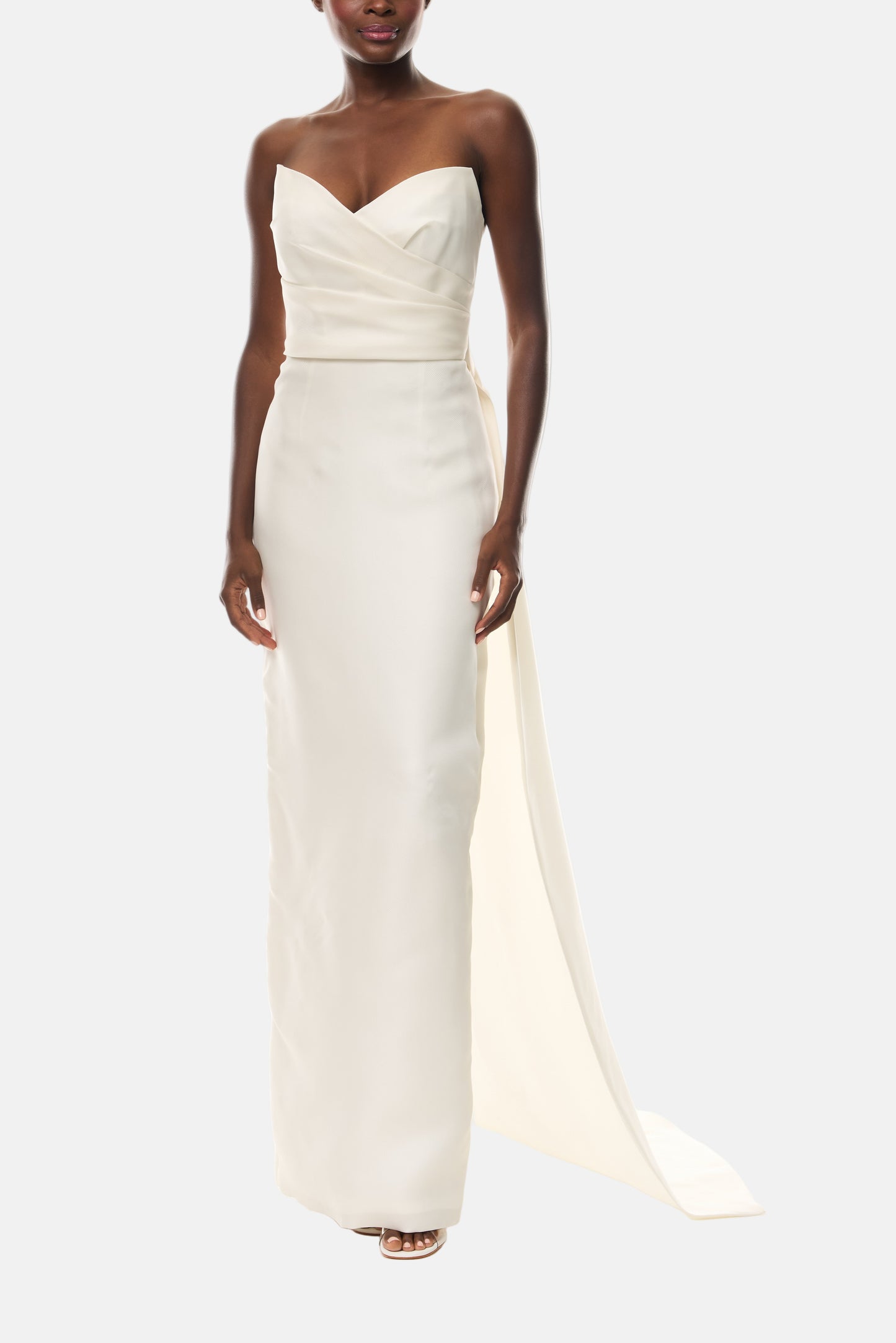 Monique Lhuillier Draped Bodice Column Gown in Ivory Gazar from The Bridal Edit - front.