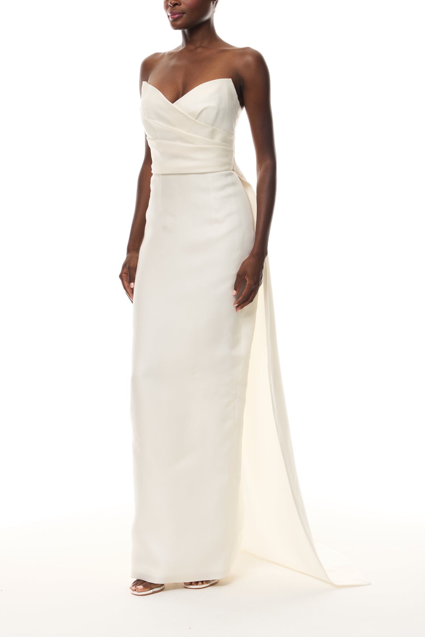 Monique Lhuillier Draped Bodice Column Gown in Ivory Gazar from The Bridal Edit - side.
