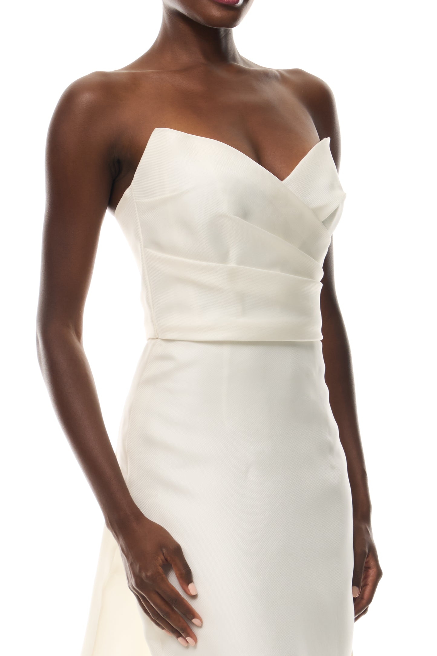 Monique Lhuillier Draped Bodice Column Gown in Ivory Gazar from The Bridal Edit - fabric.