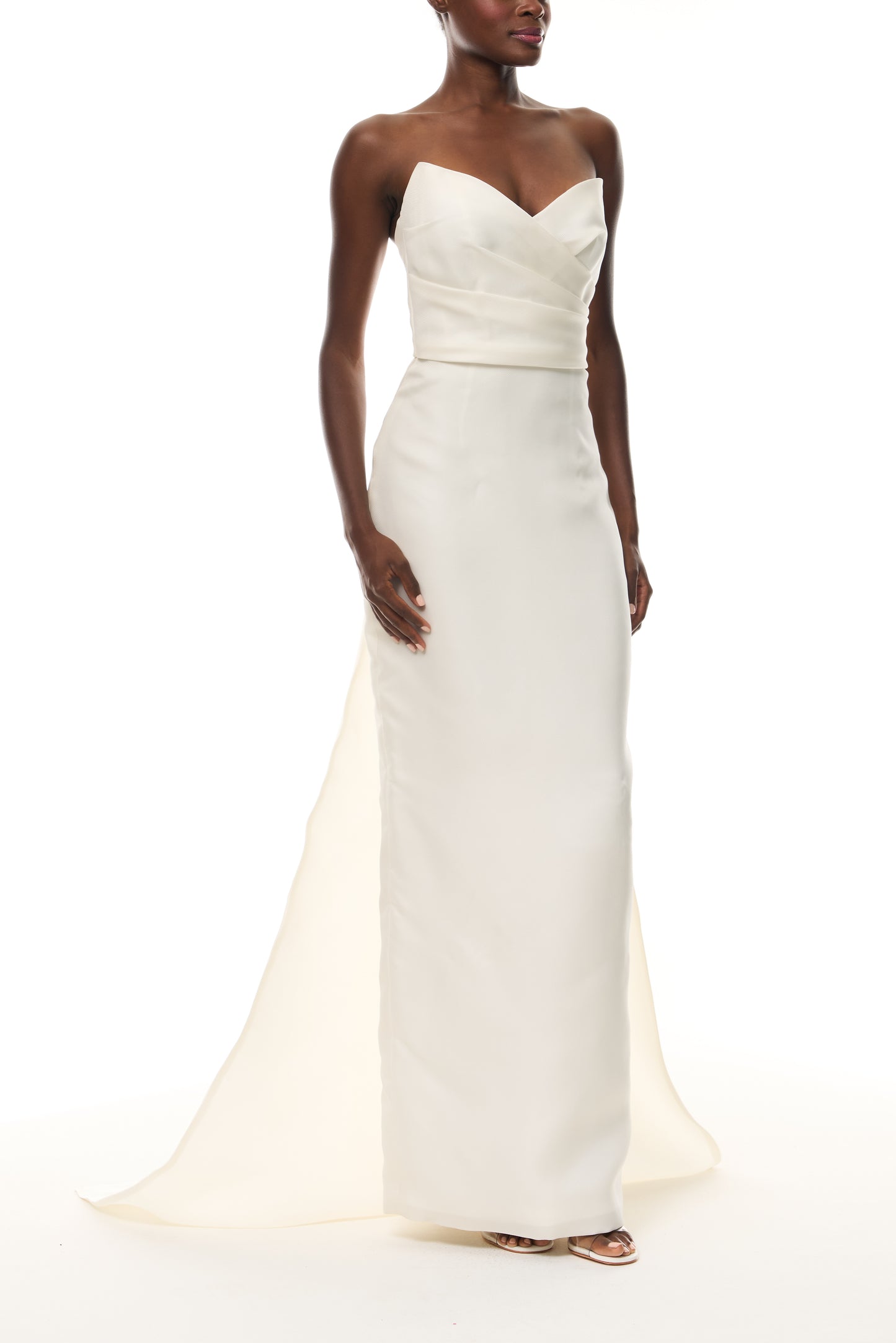 Monique Lhuillier Draped Bodice Column Gown in Ivory Gazar from The Bridal Edit -front.