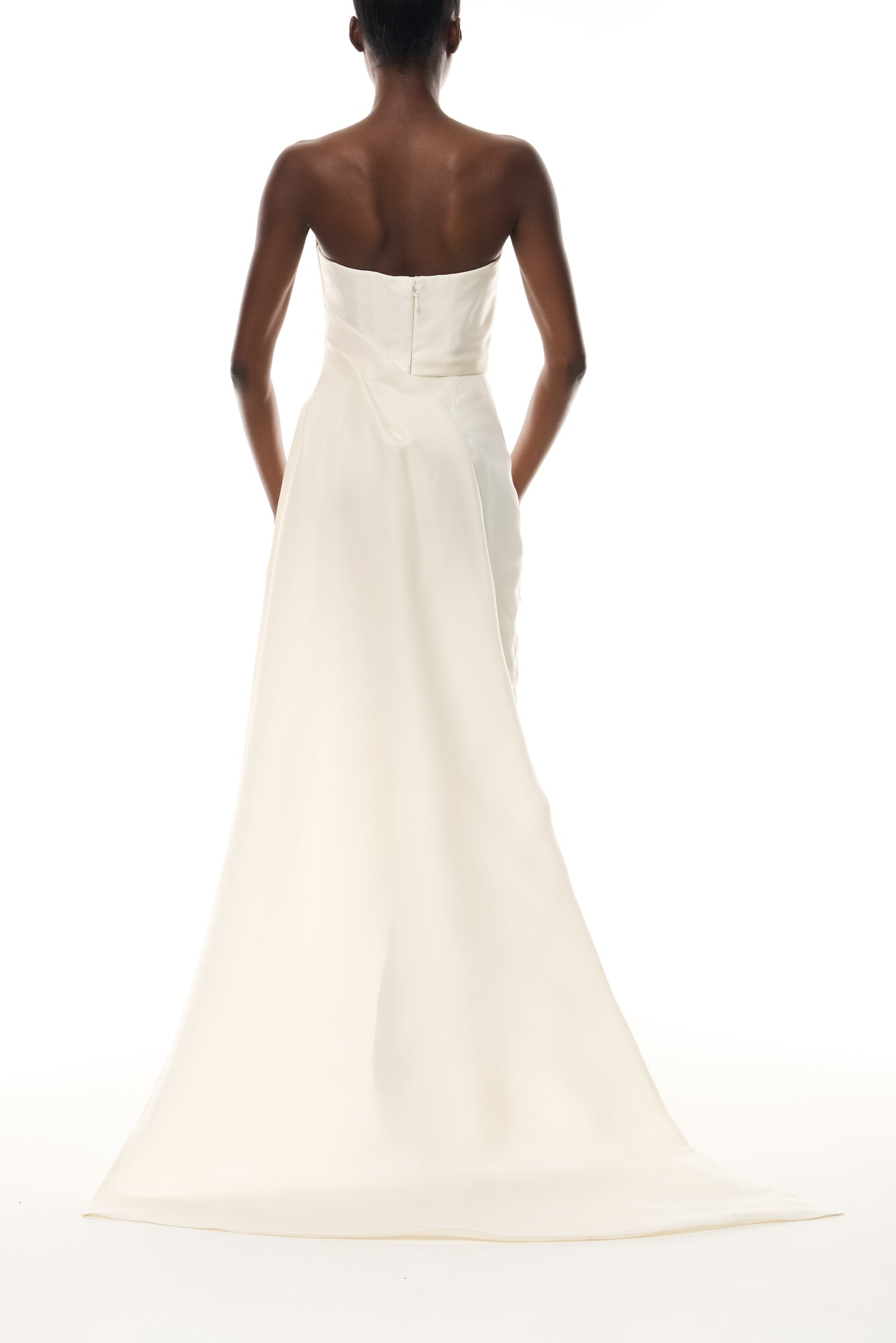 Monique Lhuillier Draped Bodice Column Gown in Ivory Gazar from The Bridal Edit - back.