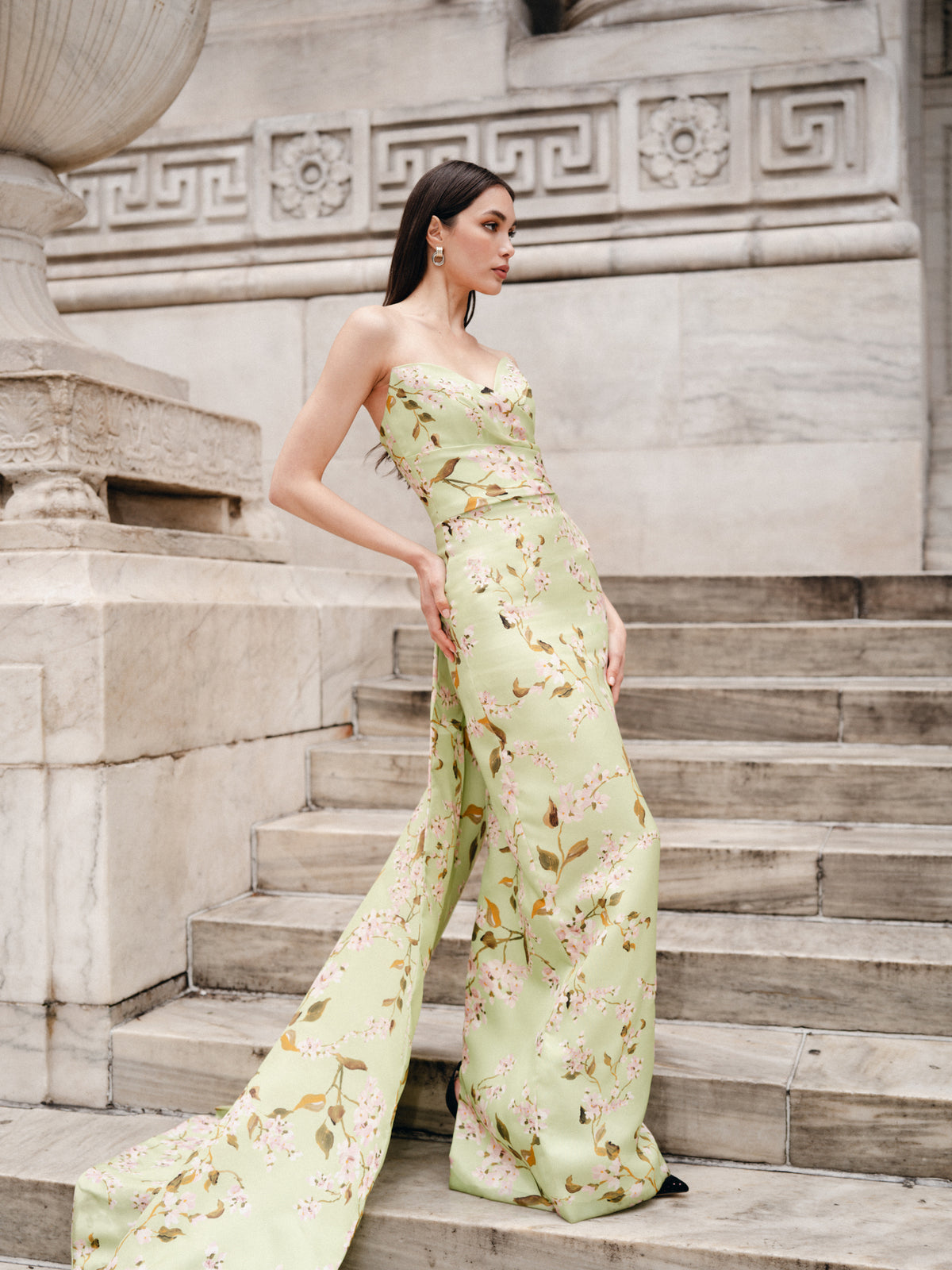 Monique Lhuillier Fall 2025 Draped Bodice Column Gown with Train in Celedon/Multi Wisteria Printed Gazar - lookbook photo.