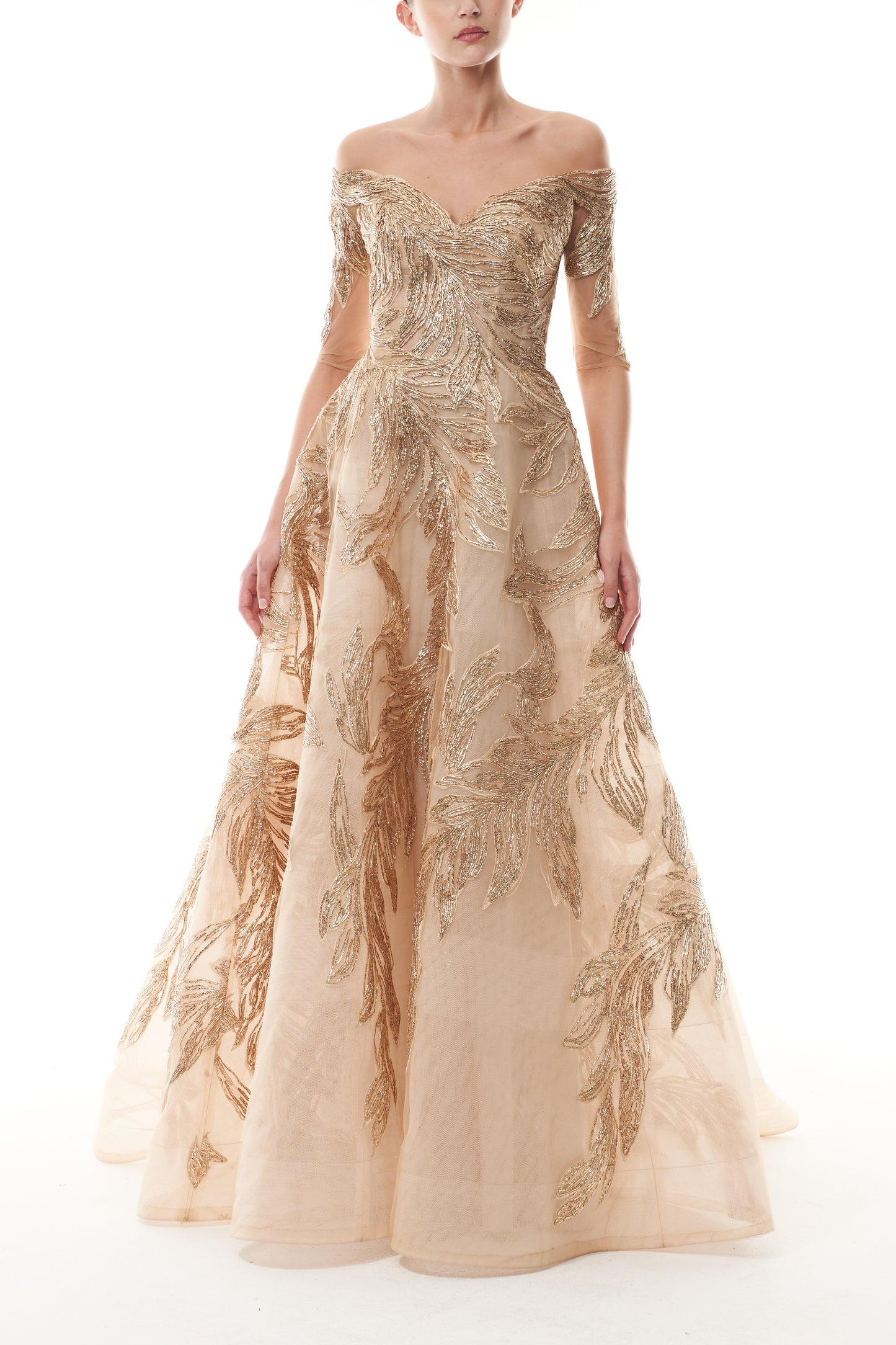 Monique Lhuillier Fall 2025 Gold feather embroidered tulle Off-the-shoulder short sleeve ball gown - front.