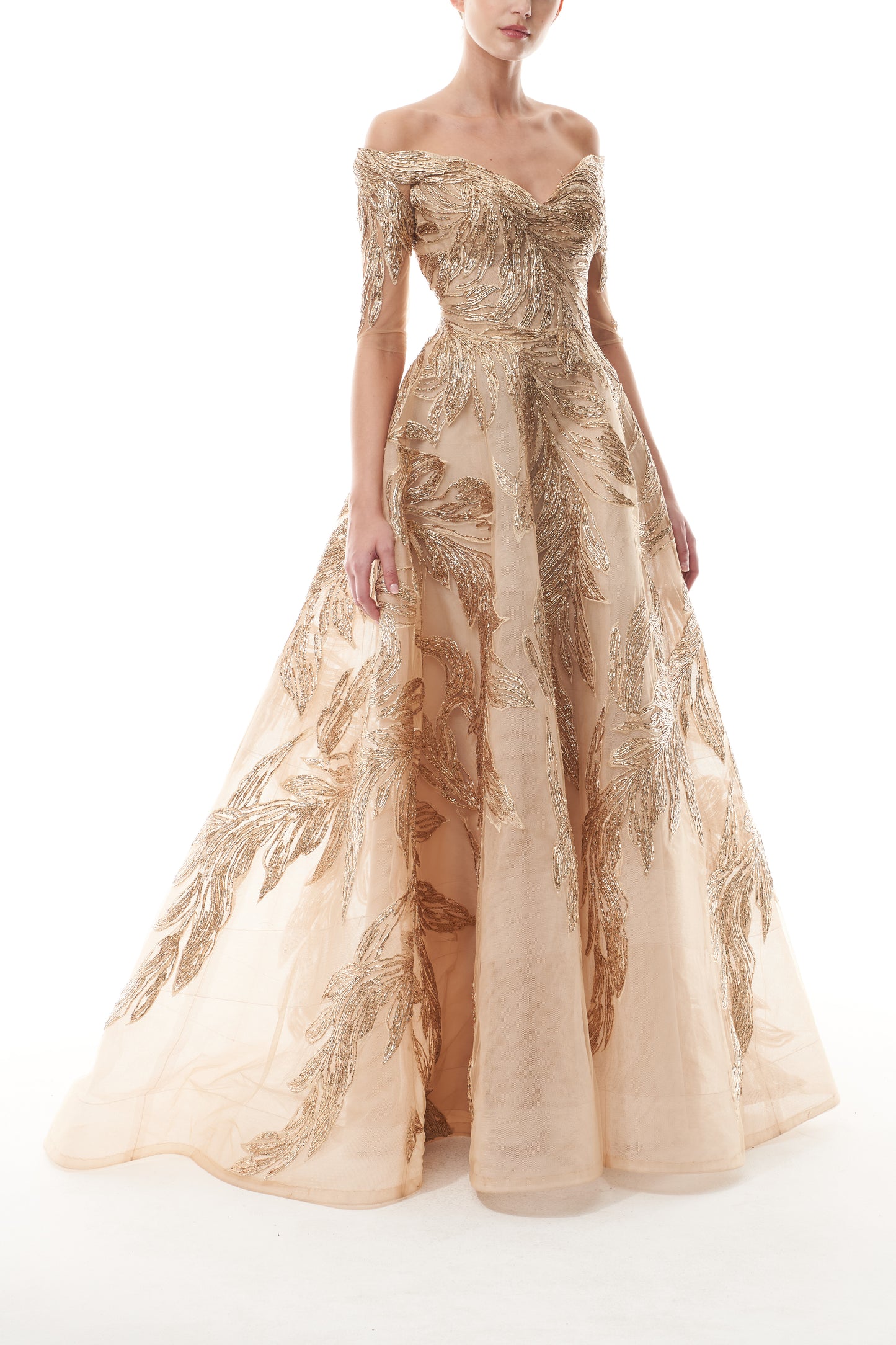 Monique Lhuillier Fall 2025 Gold feather embroidered tulle Off-the-shoulder short sleeve ball gown - front.