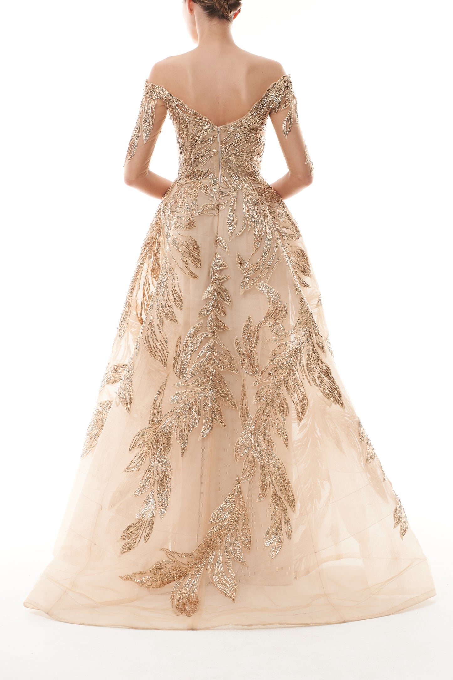 Monique Lhuillier Fall 2025 Gold feather embroidered tulle Off-the-shoulder short sleeve ball gown - back.