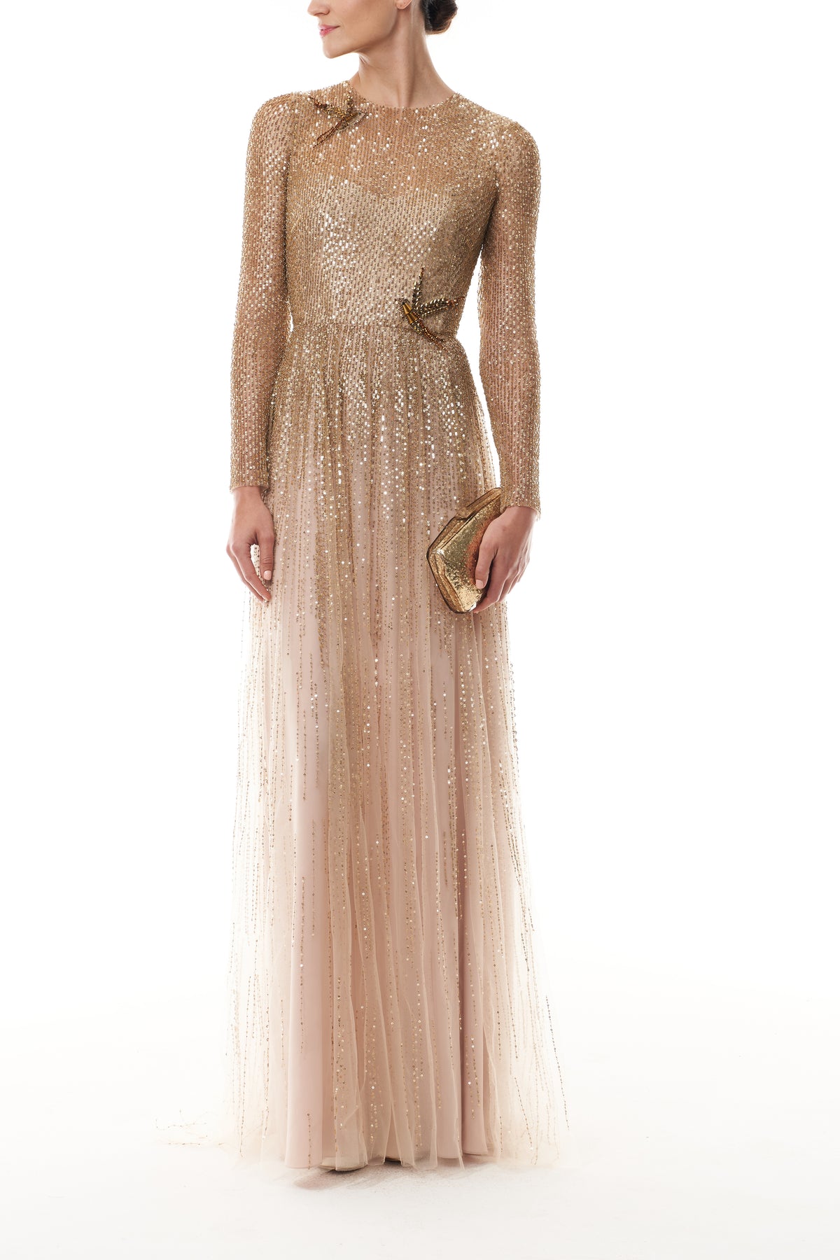 Monique Lhuillier Fall 2025 Gold embroidered tulle Long Sleeve Gown - front with gold Dasha minaudiere.