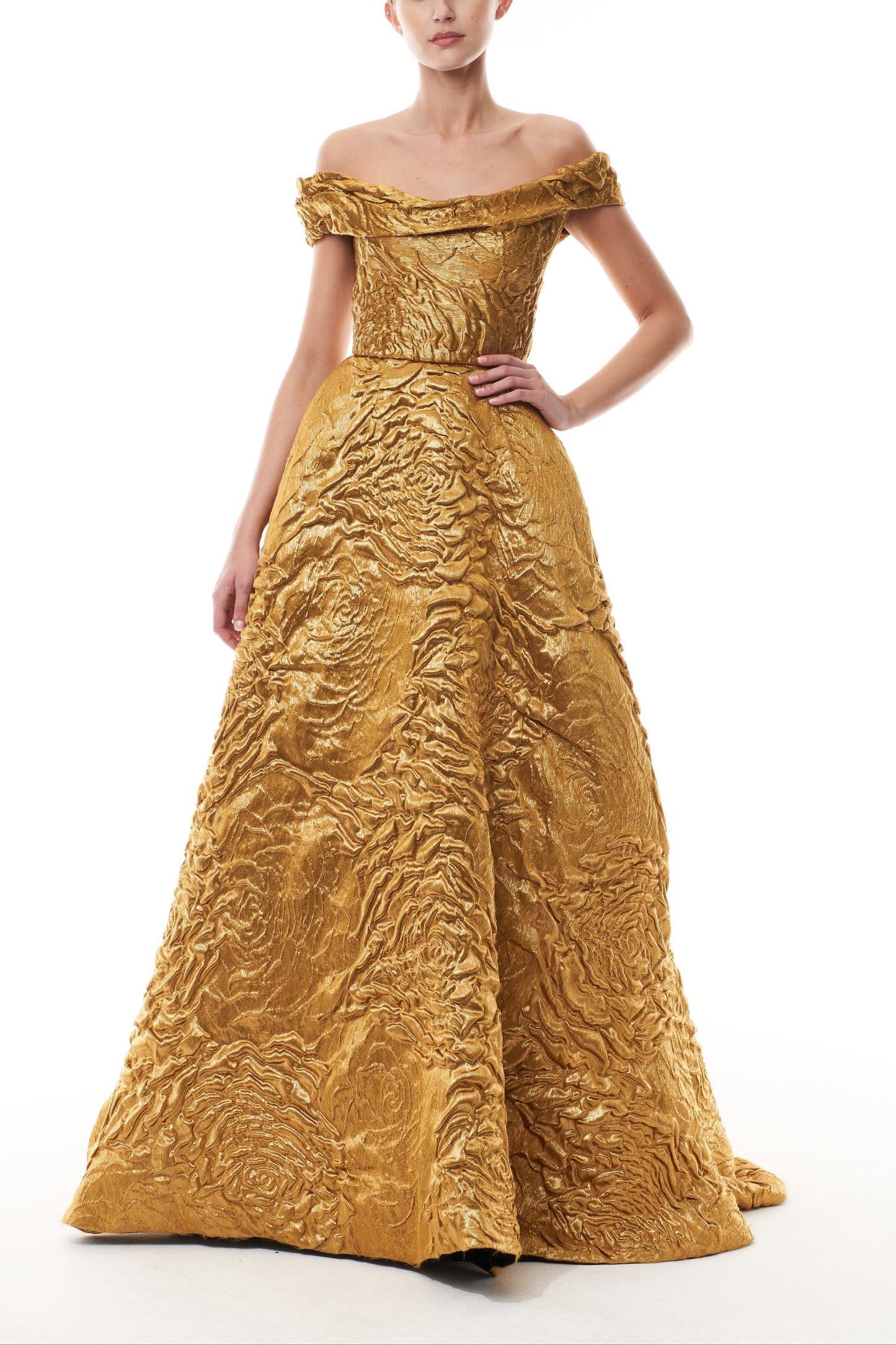 Monique Lhuillier Fall 2025  Gold Lame Rose Jacquard off-the-shoulder ball gown  - front.