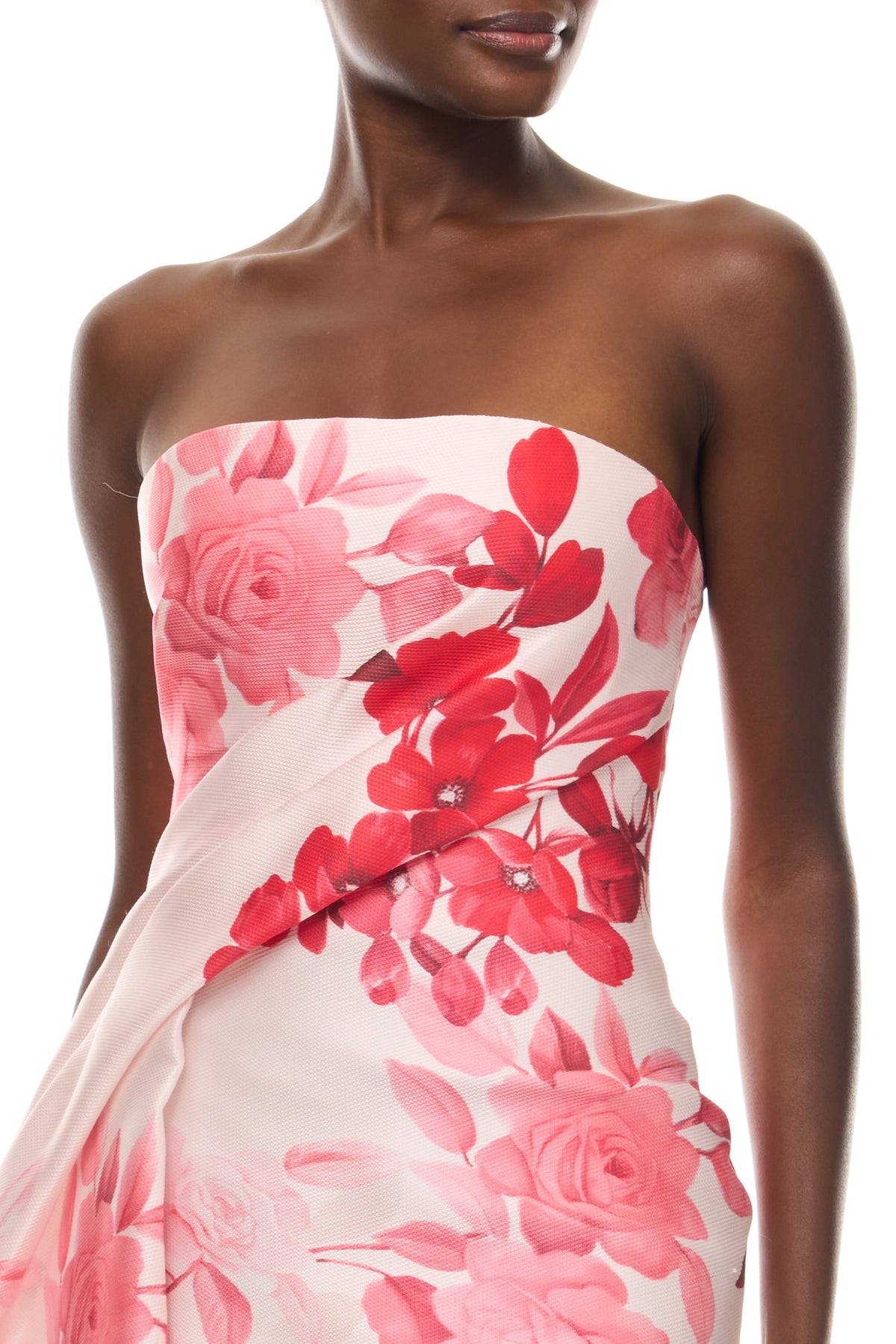 Monique Lhuillier Spring 2026 Rose Ombre Printed Pique Satin Pink/Multi Strapless draped column gown with train - fabric.