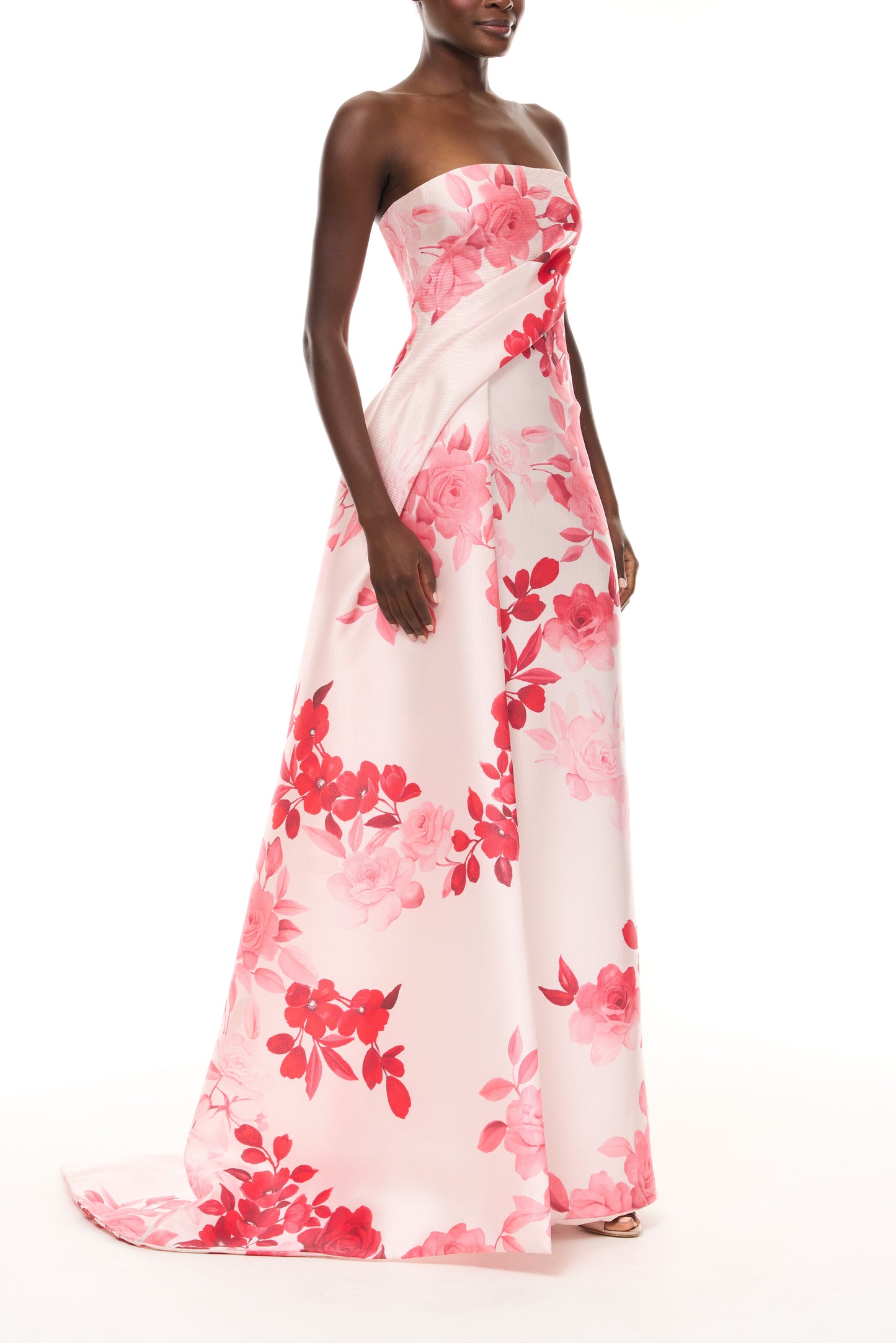 Monique Lhuillier Spring 2026 Rose Ombre Printed Pique Satin Pink/Multi Strapless draped column gown with train -side.