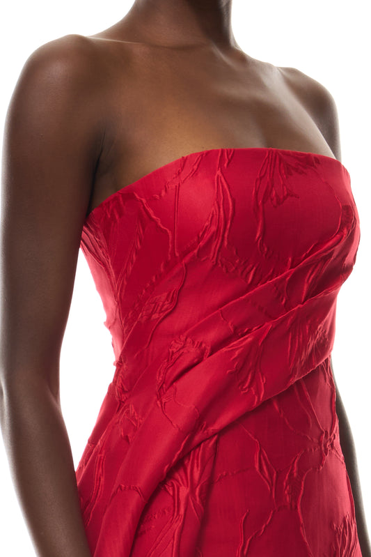 Monique Lhuillier Spring 2026 Poppy Linear Rose Jacquard Strapless Strapless draped column gown with train - fabric.