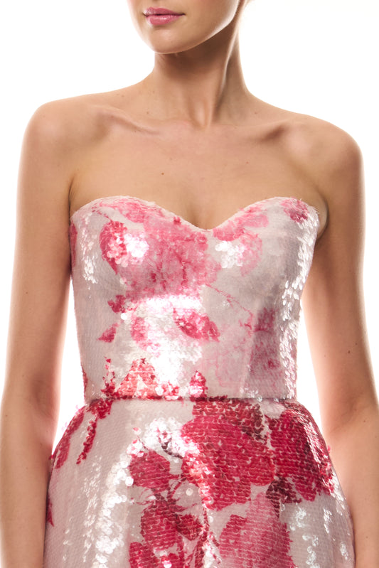 Monique Lhuillier Spring 2026 Rose Ombre Printed Sequin Pink/Multi Strapless sweetheart tea length cocktail dress - fabric.