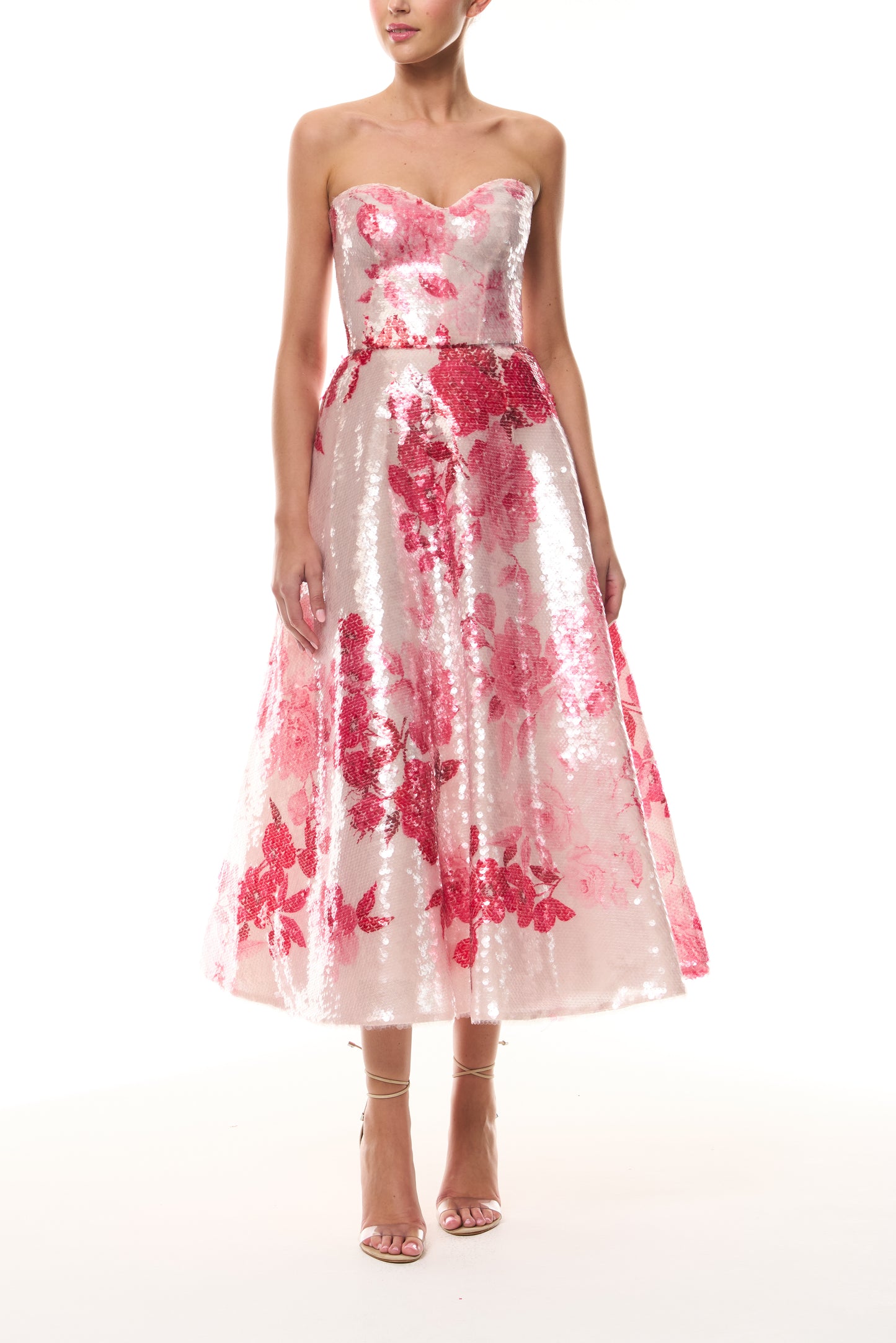 Monique Lhuillier Spring 2026 Rose Ombre Printed Sequin Pink/Multi Strapless sweetheart tea length cocktail dress - front.