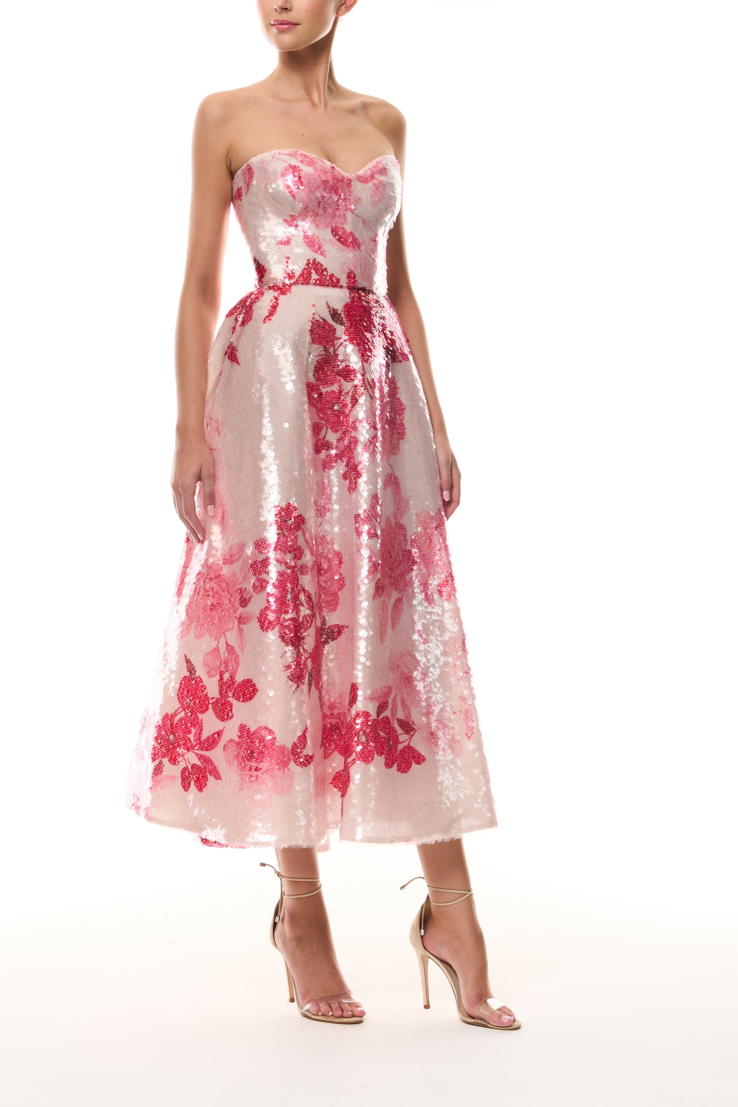 Monique Lhuillier Spring 2026 Rose Ombre Printed Sequin Pink/Multi Strapless sweetheart tea length cocktail dress - side.