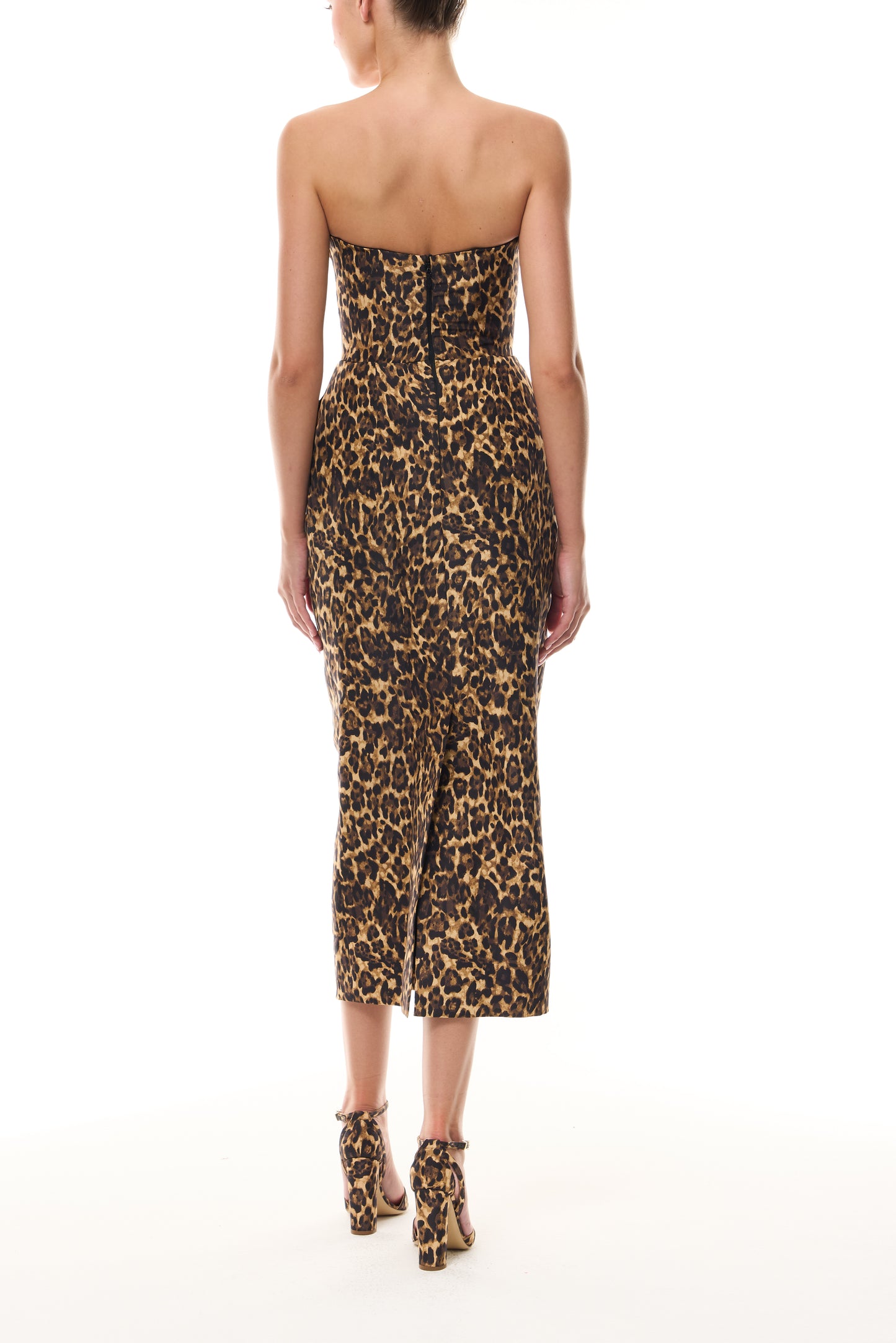 Monique Lhuillier Spring 2026 strapless tea length cocktail dress in Leopard Printed Faille - back.