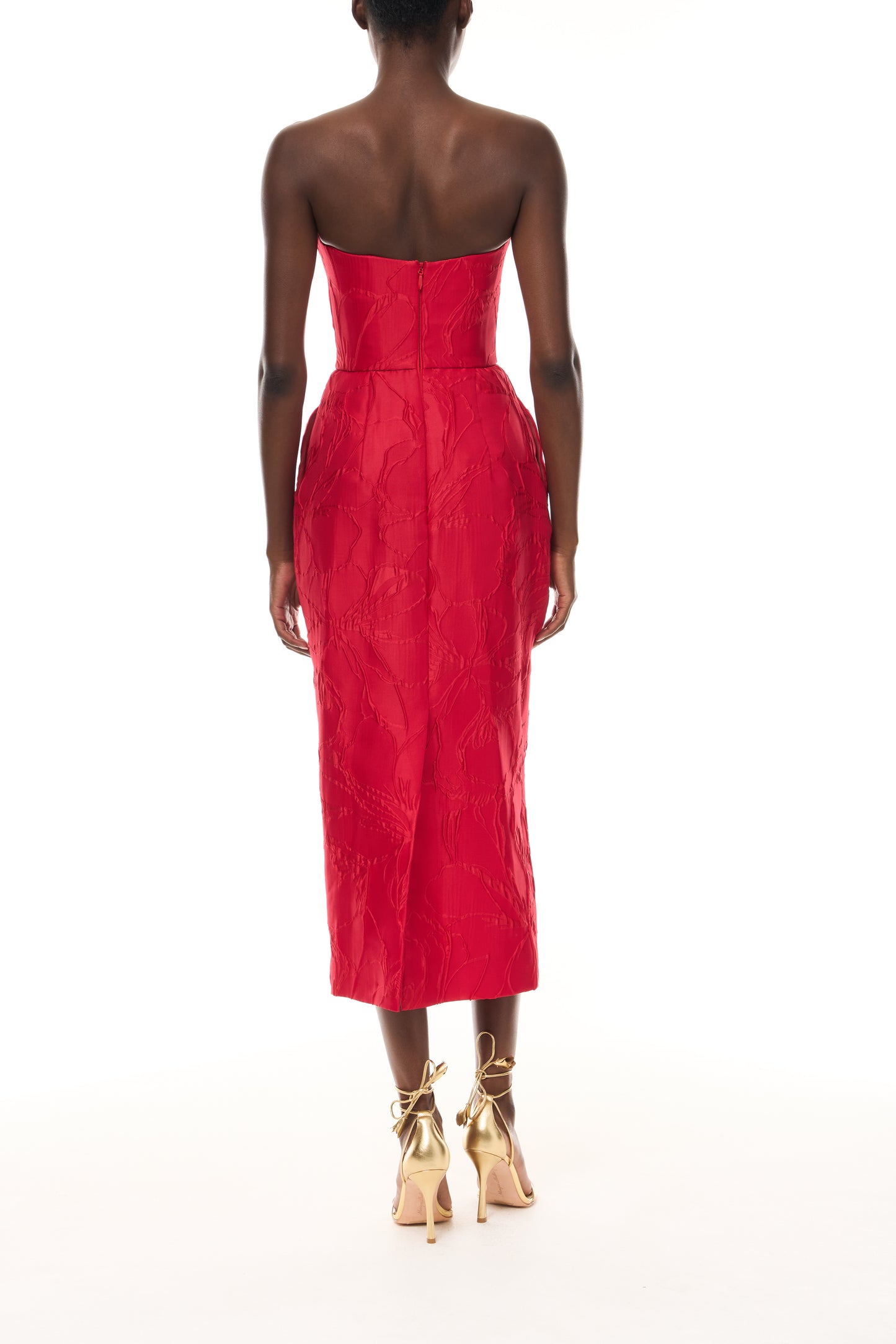 Monique Lhuillier Spring 2026 Poppy Linear Rose Jacquard Strapless Cocktail Dress - back.